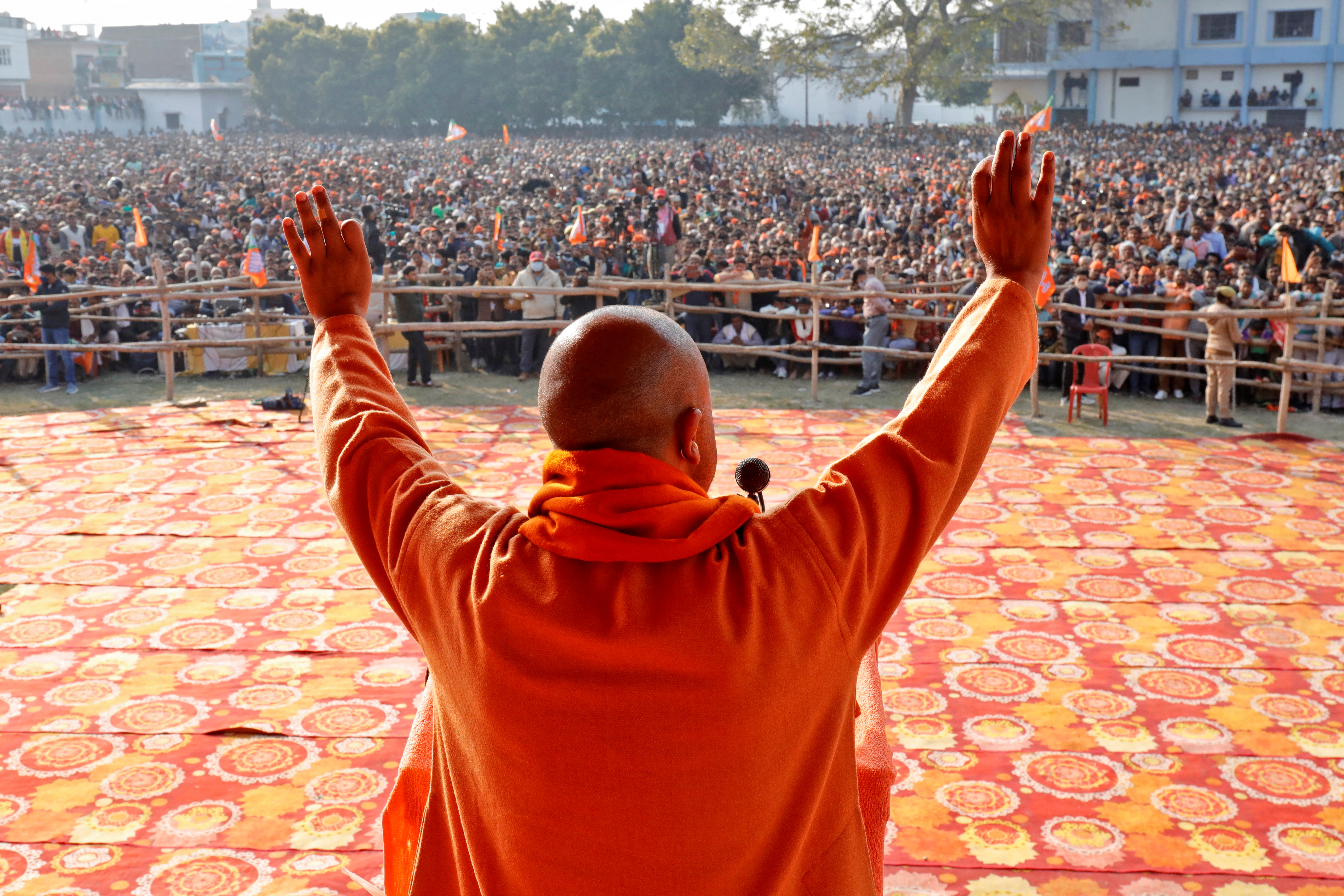 Yogi Adityanath addresses his party supporters during an election campaign rally in Sambhal