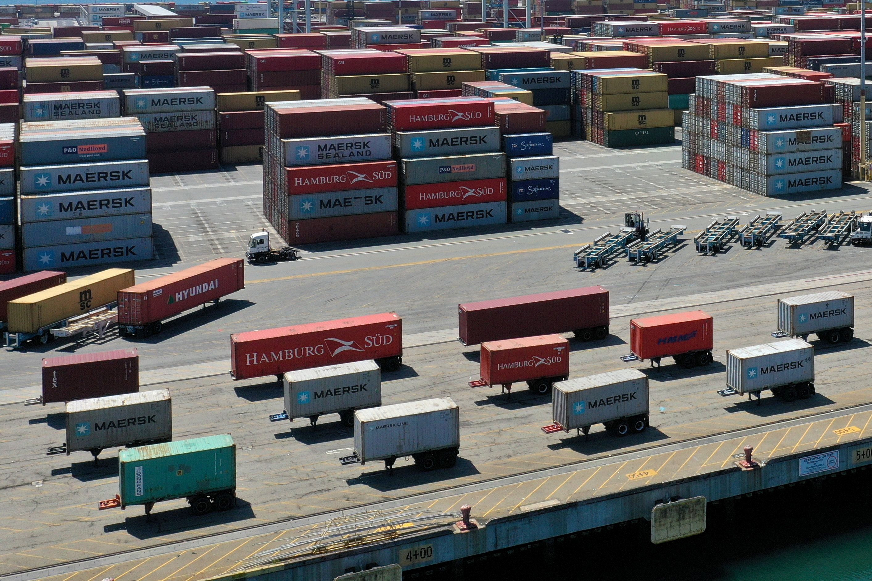 Containers are seen on a shipping dock in the Port of Los Angeles