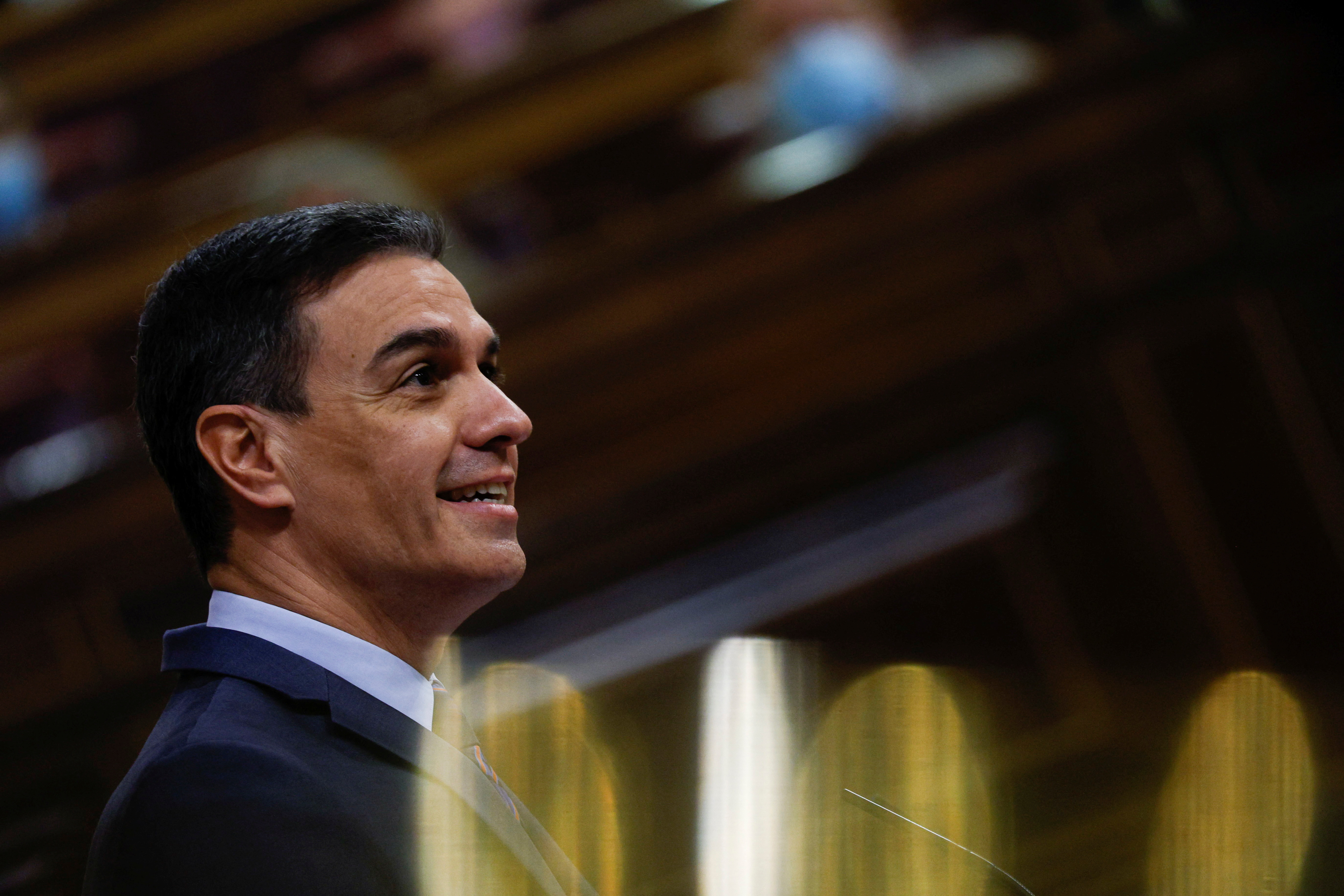 Spanish PM Sanchez speaks during a session at Parliament in Madrid