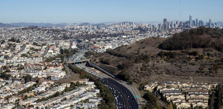 Aerial view of highway 101 and San Francisco's skyline in California