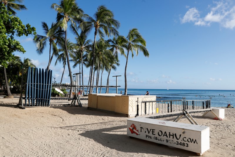 A surfboard concession stand is closed on Waikiki Beach due to the business downturn caused by the coronavirus disease (COVID-19) in Honolulu