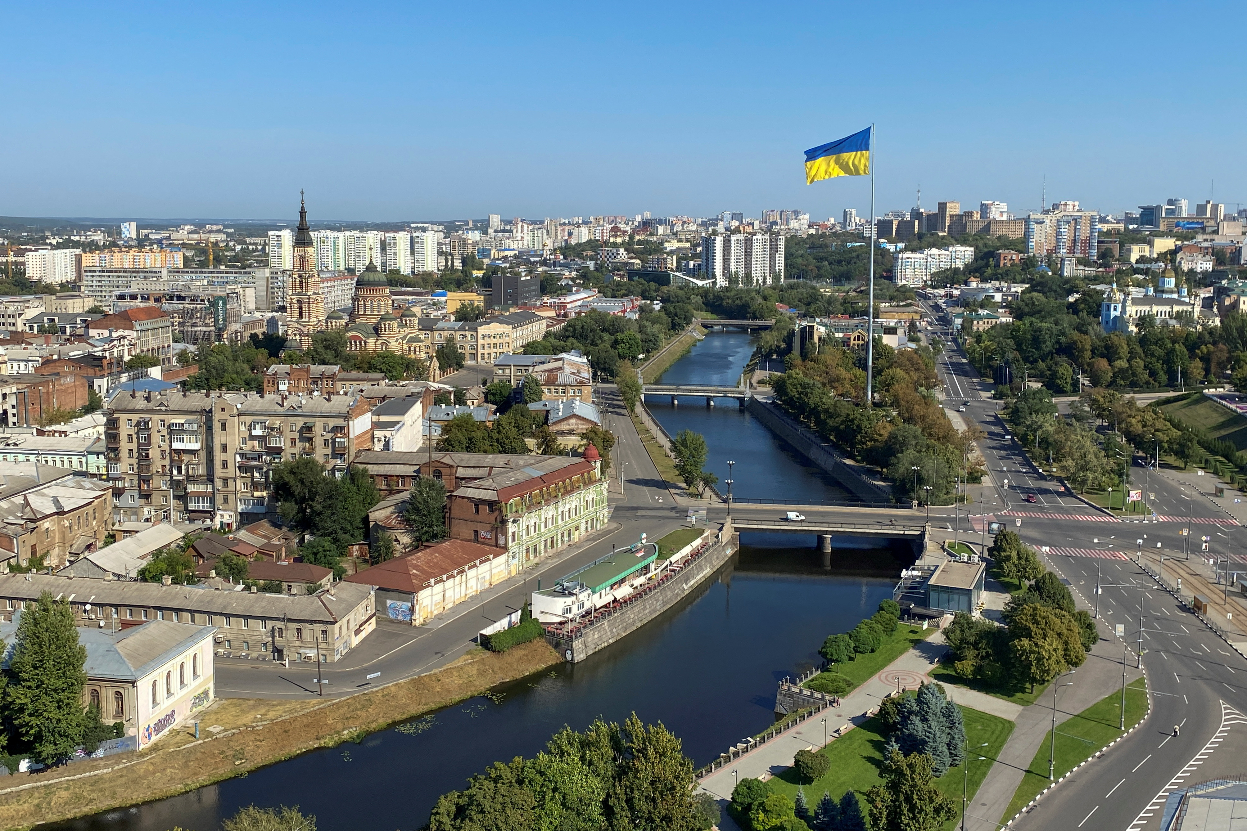 Ukraine's national flag waves in central Kharkiv