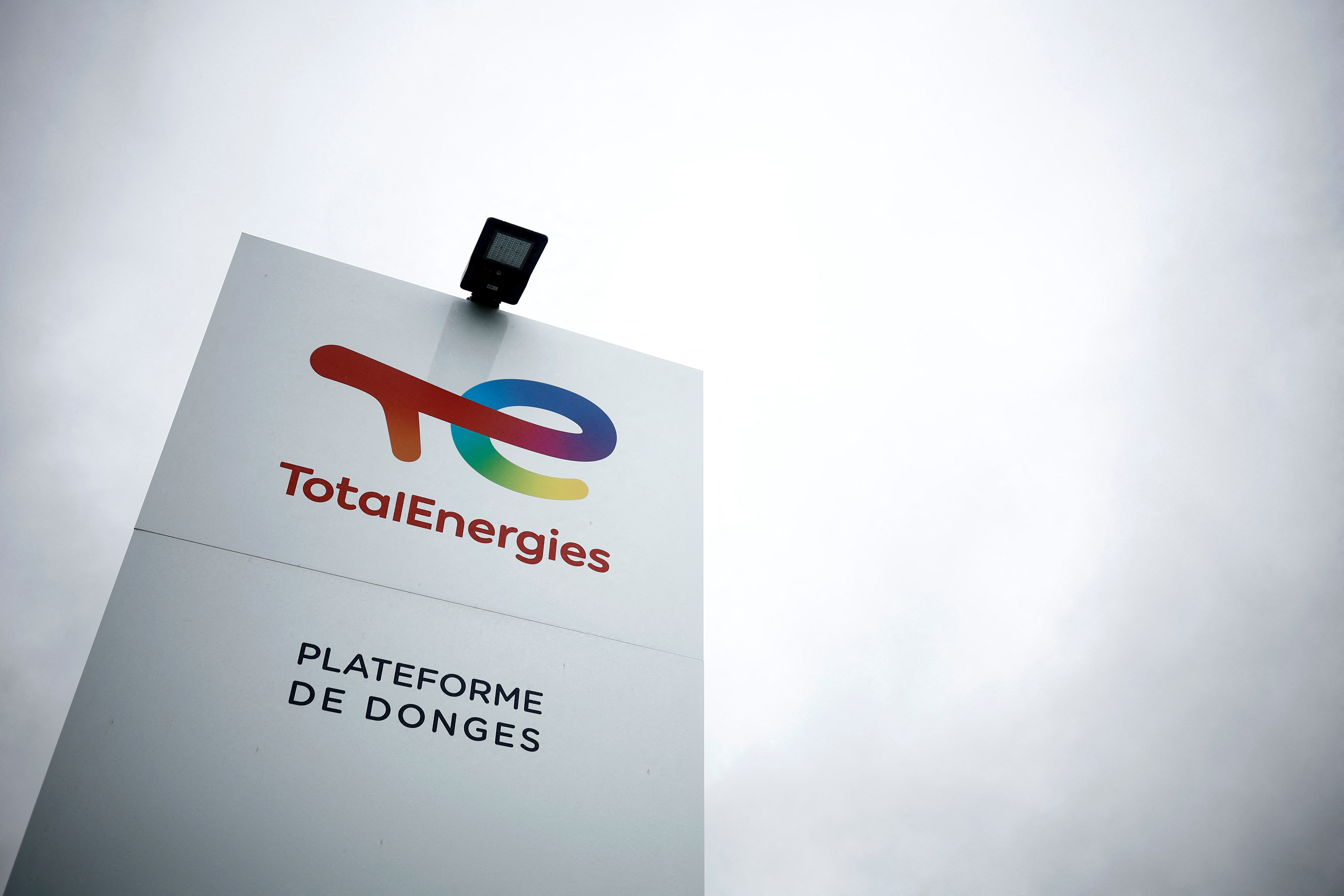 The logo of TotalEnergies is seen at the French oil giant TotalEnergies refinery in Donges