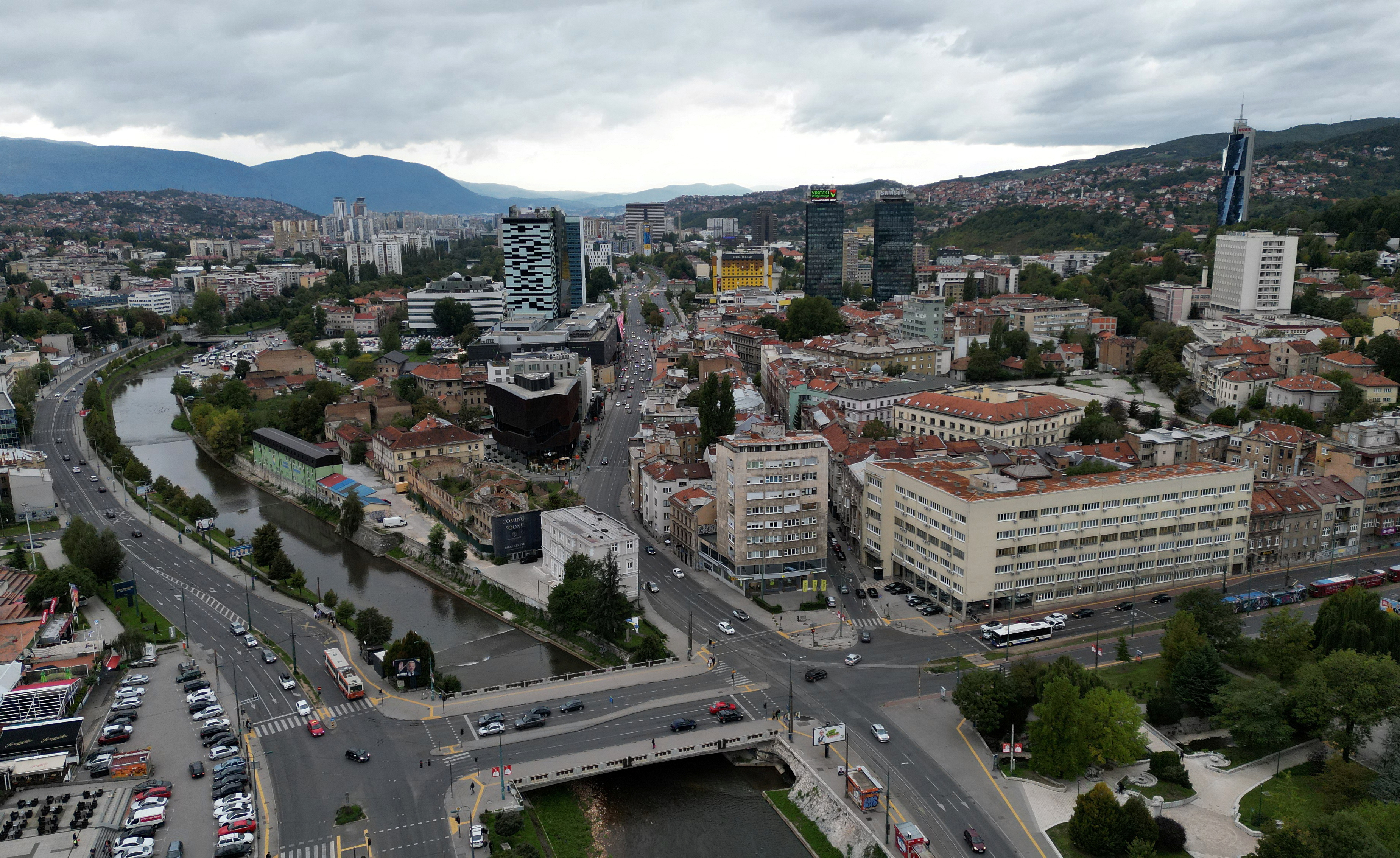 An aerial view of Sarajevo