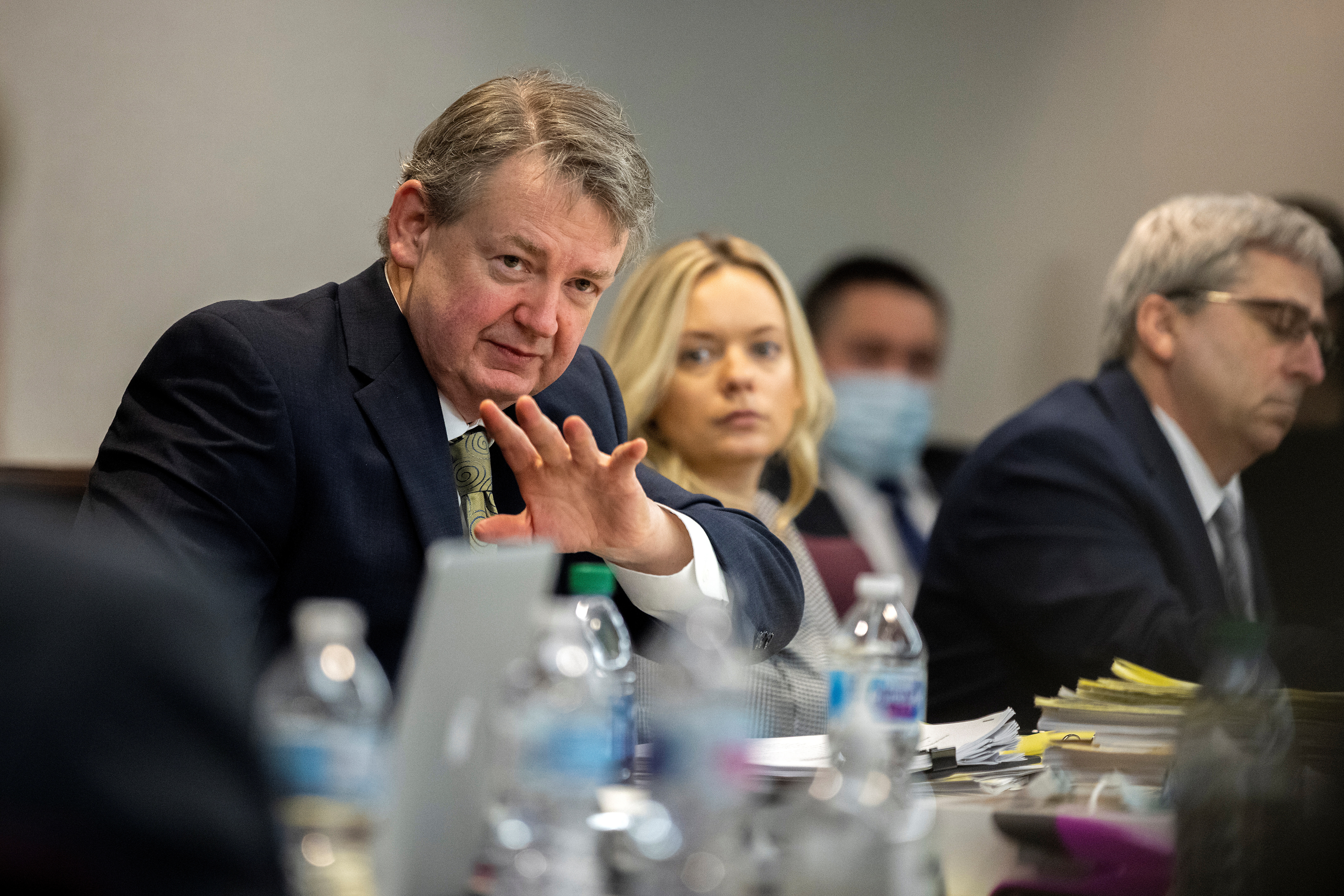 Defence attorney Kevin Gough addresses the court during the trial of Travis McMichael, his father Gregory McMichael and William "Roddie" Bryan, charged with the February 2020 death of 25-year-old Ahmaud Arbery, at the Glynn County Courthouse, in Brunswick, Georgia, U.S. November 22, 2021. Stephen B. Morton/Pool via REUTERS