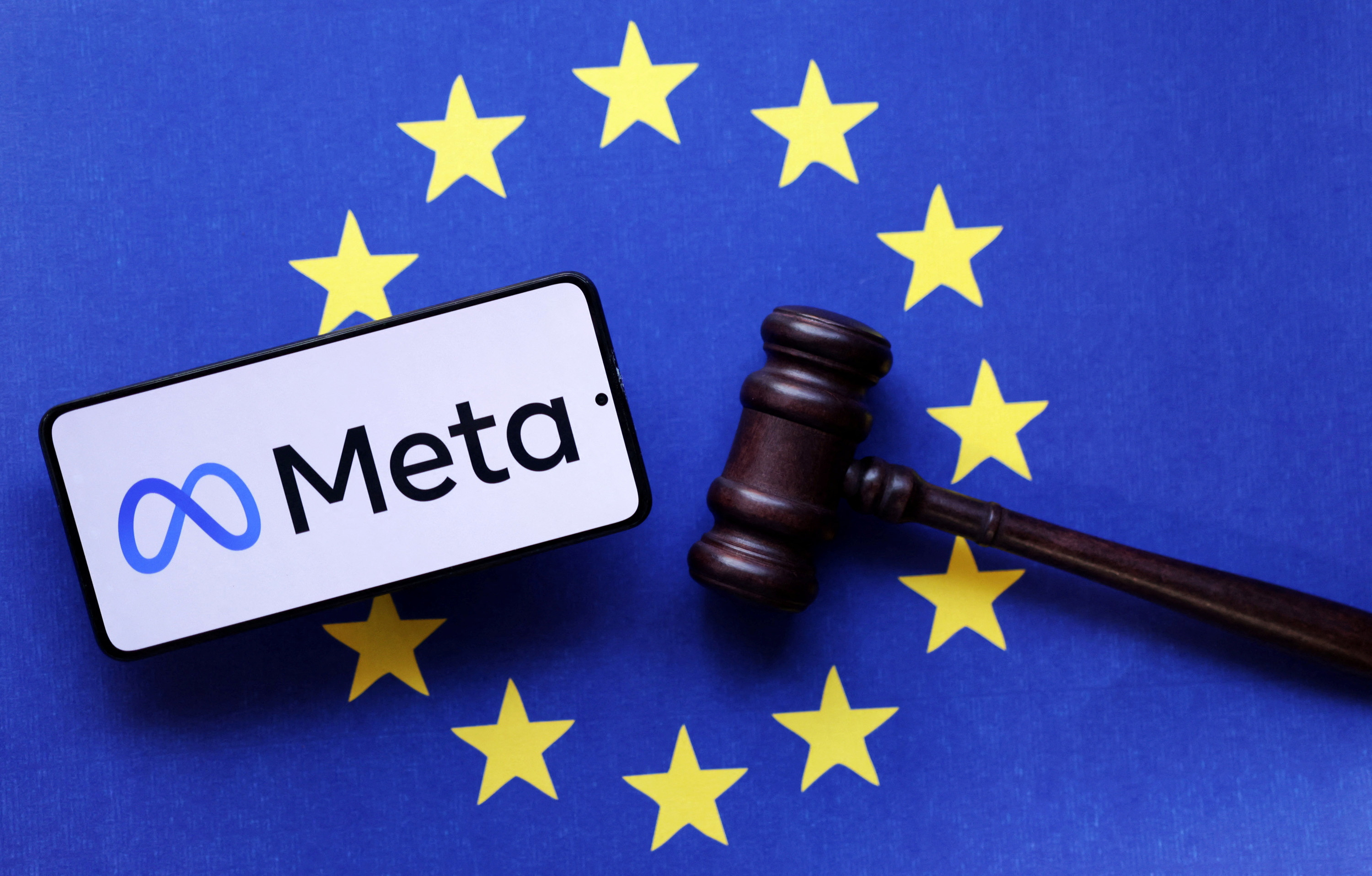 Illustration shows Meta logo, EU flag and Judge gavel