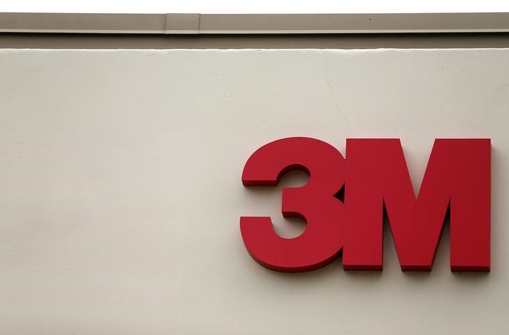 The logo of Down Jones Industrial Average stock market index listed company 3M