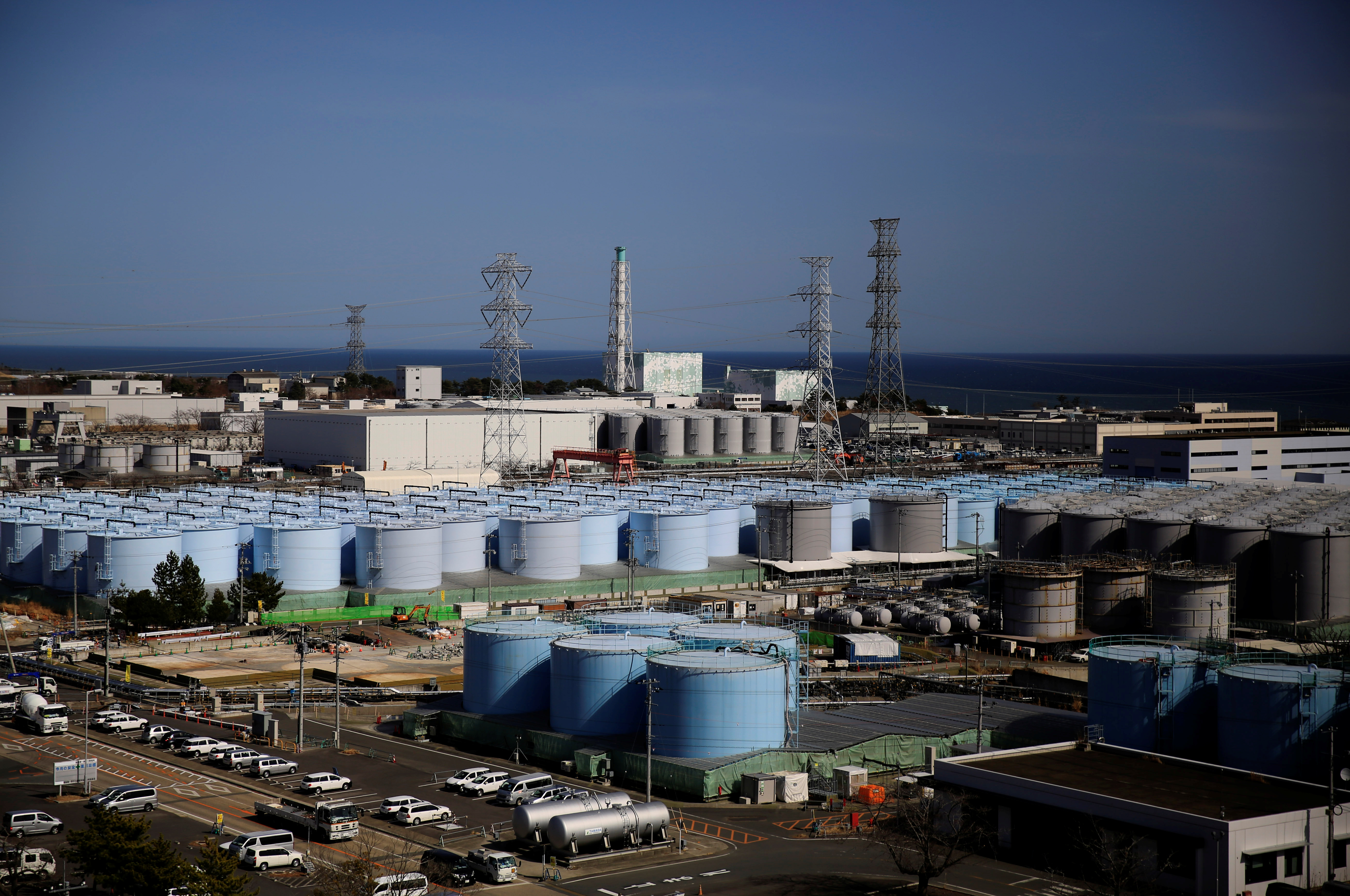 The storage tanks for treated water are seen at the tsunami-crippled Fukushima Daiichi nuclear power plant in Okuma town
