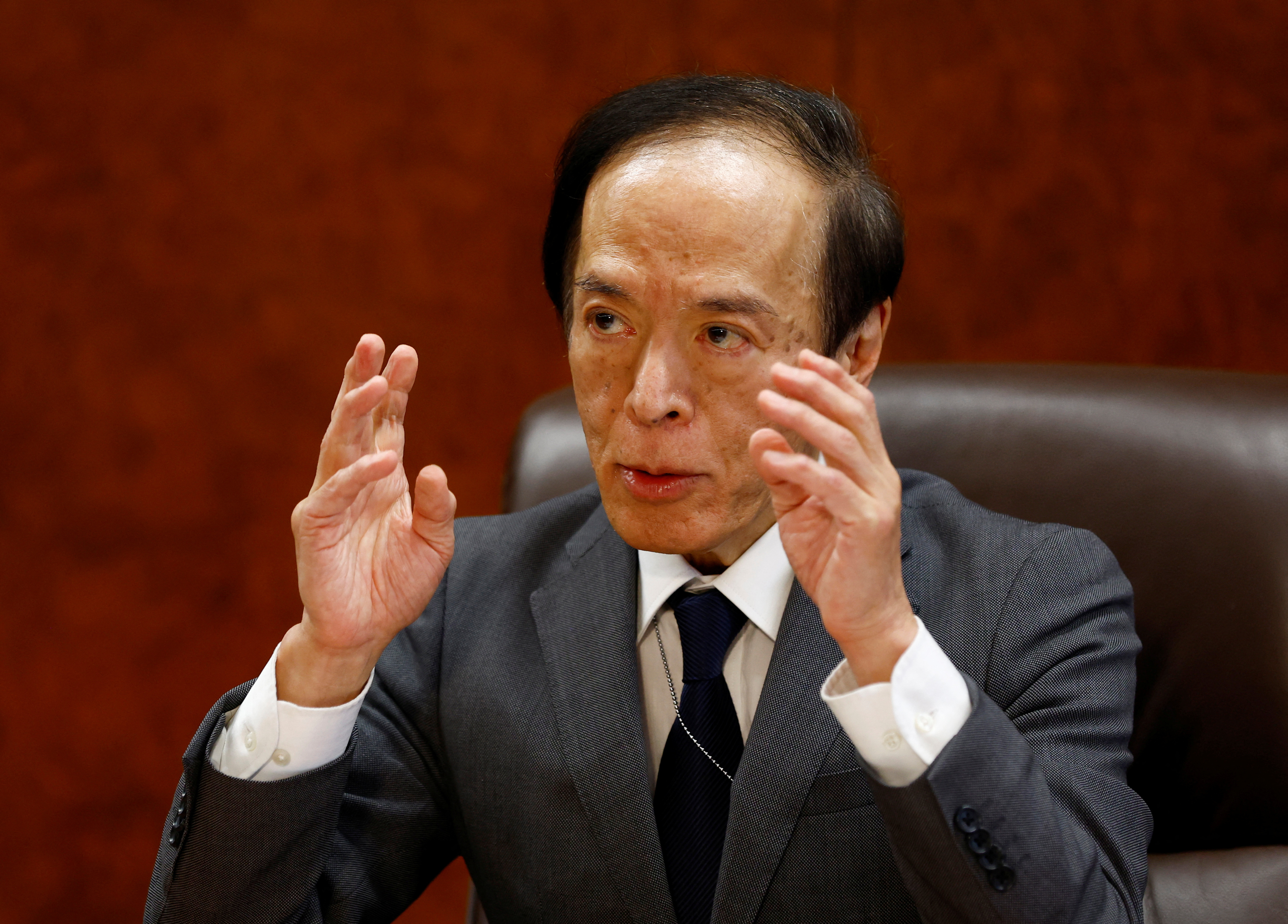 Bank of Japan Governor Kazuo Ueda speaks at a group interview with media in Tokyo