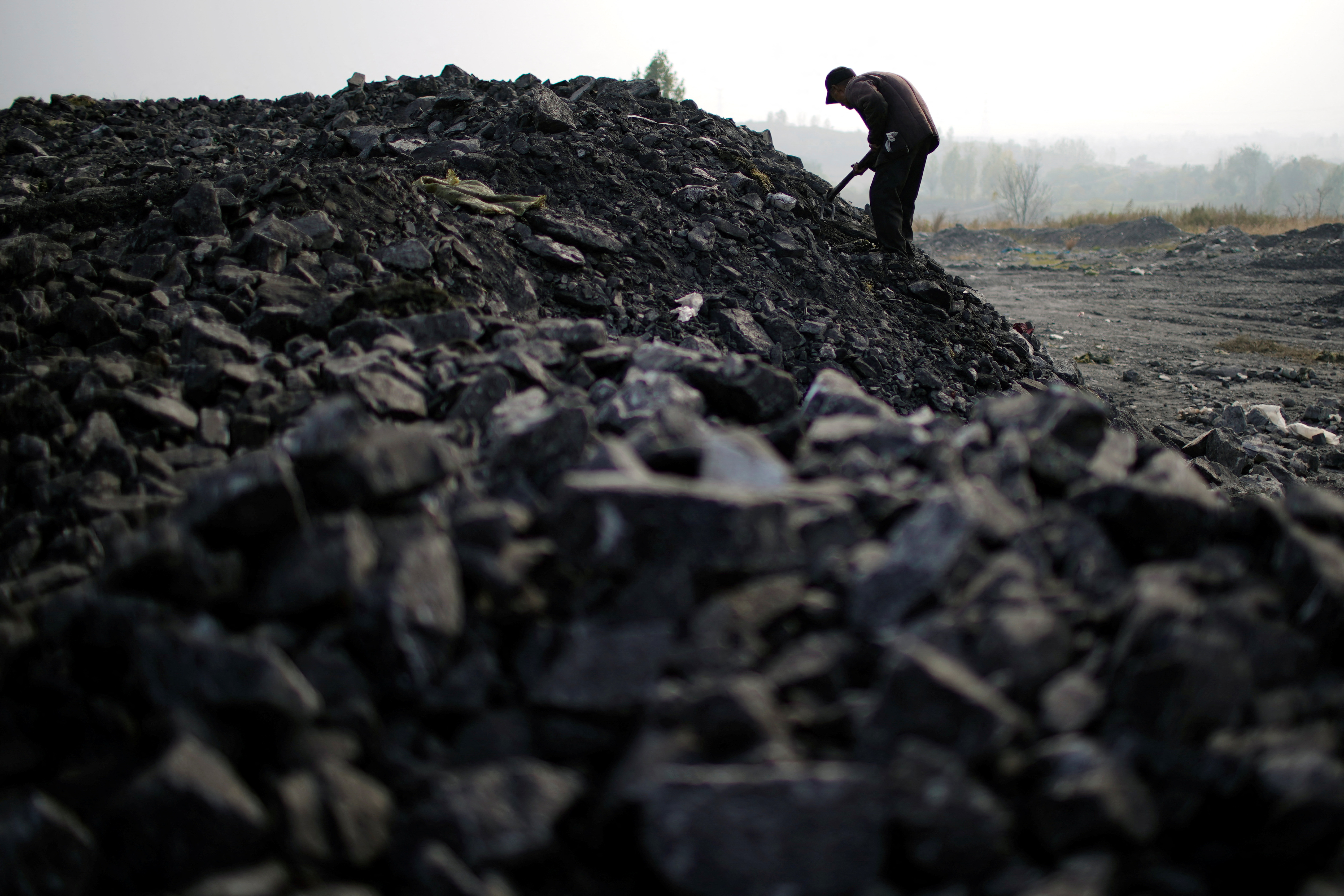 Zhang Tieliang 76, sifts through dunes of low-grade coal near a coal mine in Ruzhou