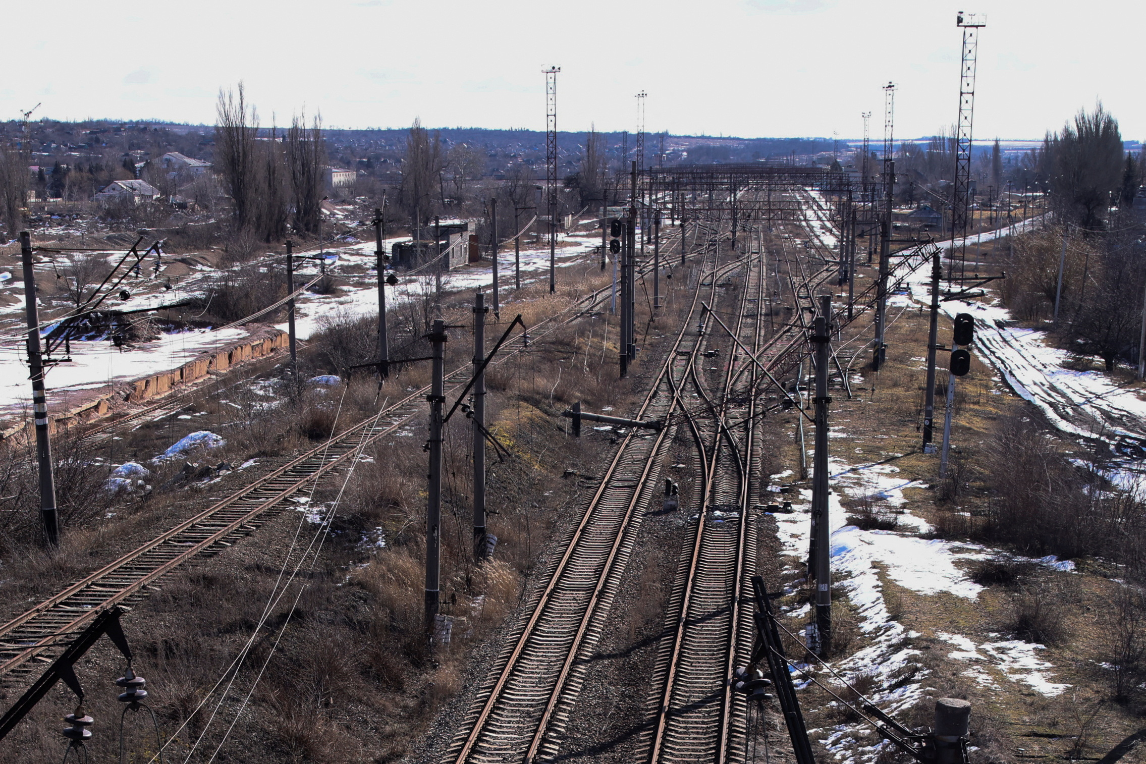 View shows damaged rail ways in the town of Siversk