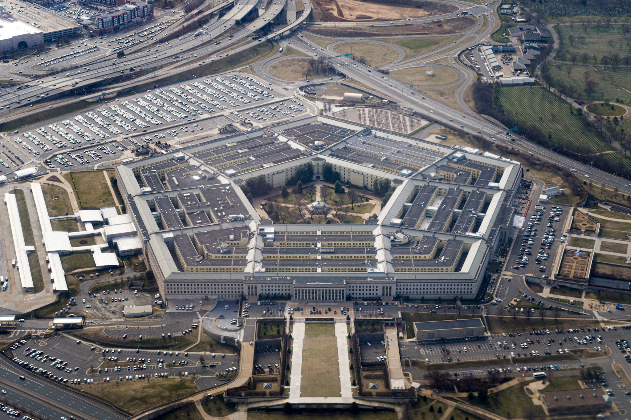 Aerial view of the Pentagon, a five-sided government building in Arlington, Virginia.