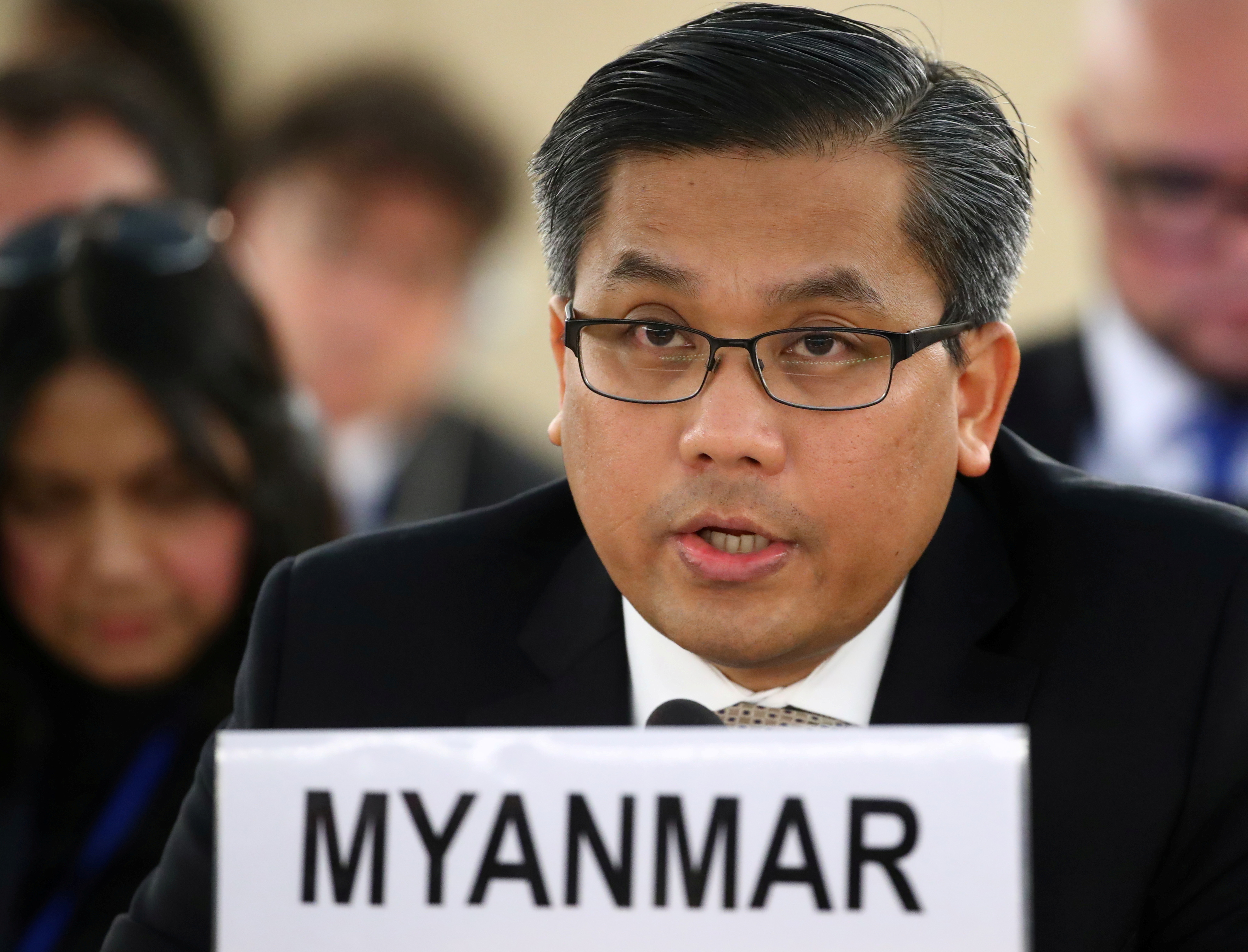Myanmar's ambassador Tun addresses the Human Rights Council at the United Nations in Geneva