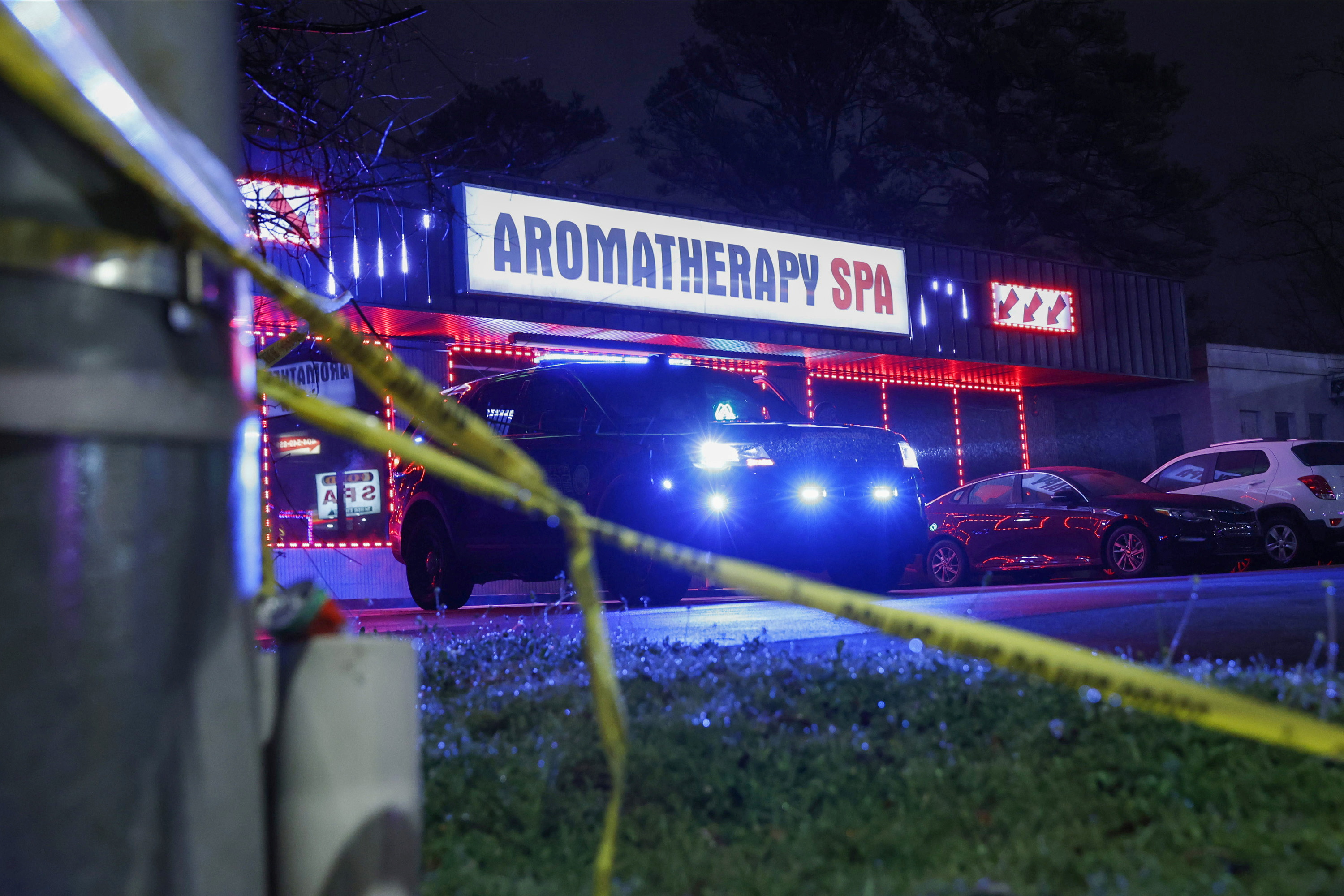 Crime scene tape is seen outside Aromatherapy Spa after shootings at a massage parlor and two day spas in the Atlanta area, in Georgia