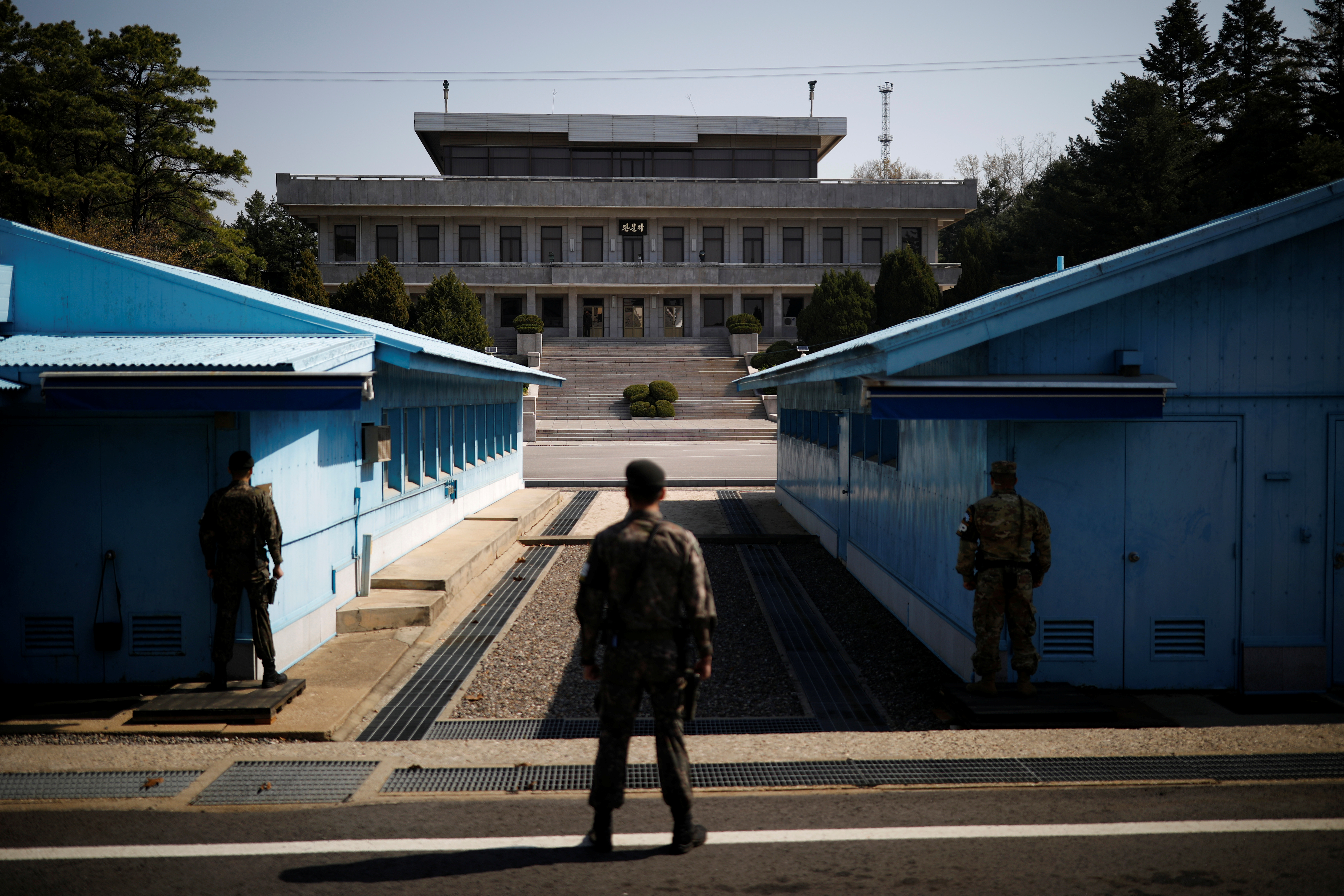 South Korean soldiers stand guard at the truce village of Panmunjom