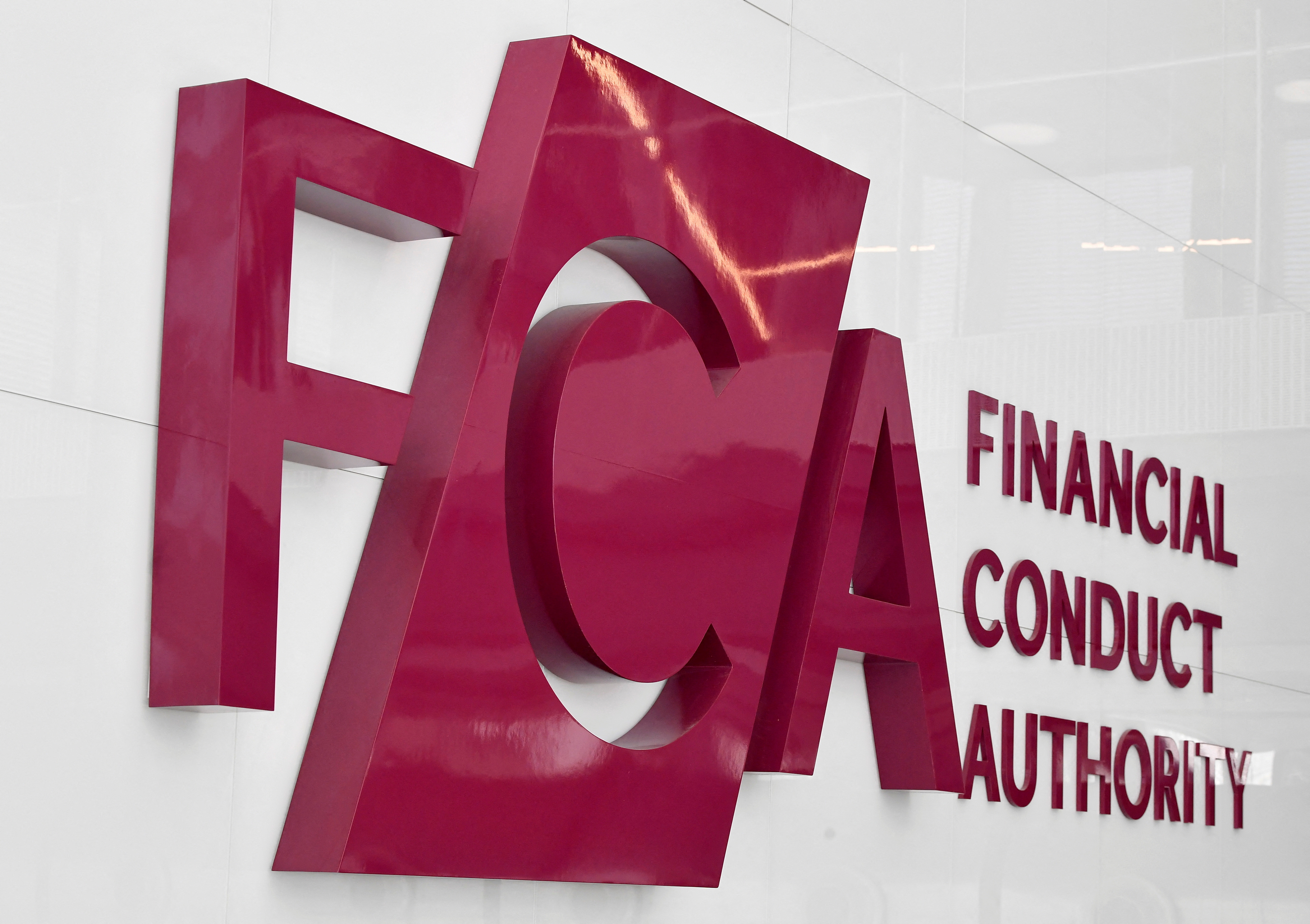 FCA signage is seen at the British financial regulator's head office in London