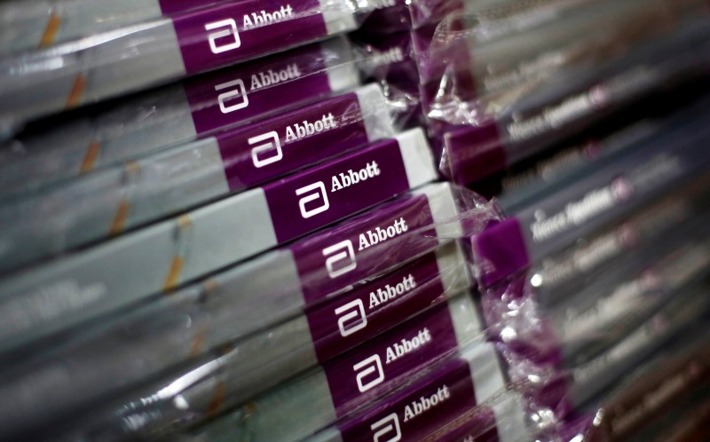 Boxes of Abbott's heart stents are pictured inside a store at a hospital in New Delhi