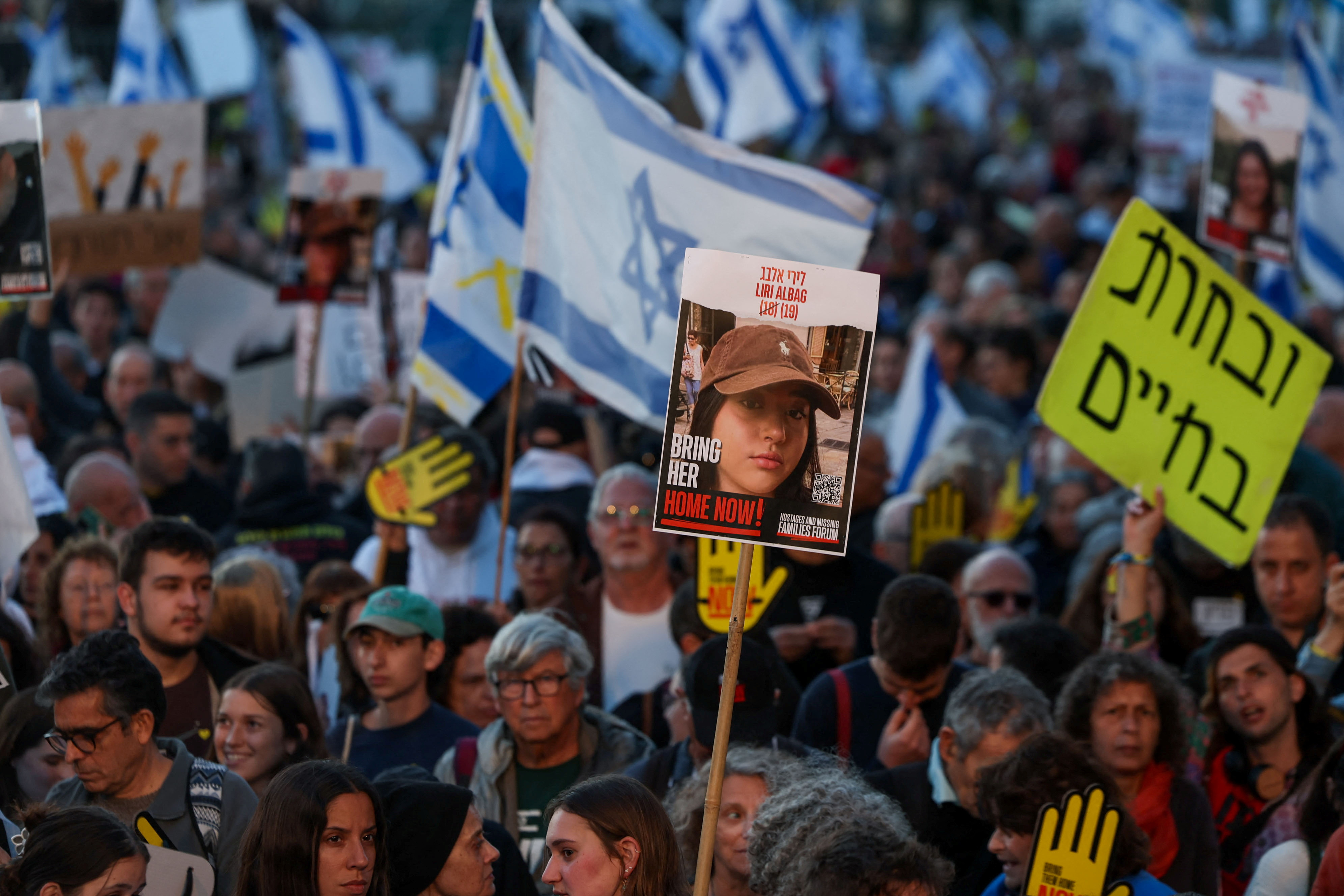 Israelis rally for the release of hostages kidnapped during the October 7 attack by Hamas, near the Knesset in Jerusalem