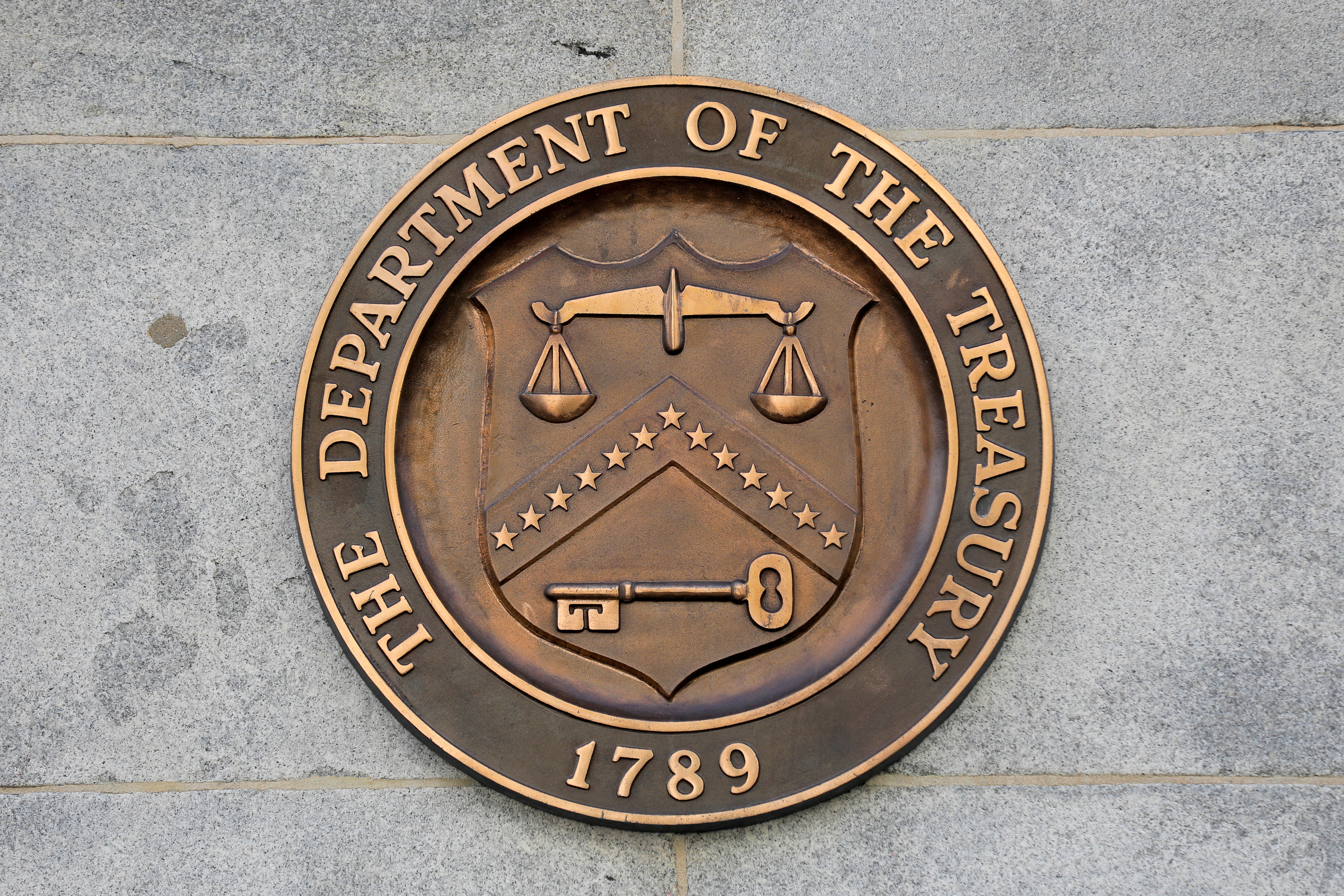 Signage is seen at the United States Department of the Treasury headquarters in Washington, D.C.
