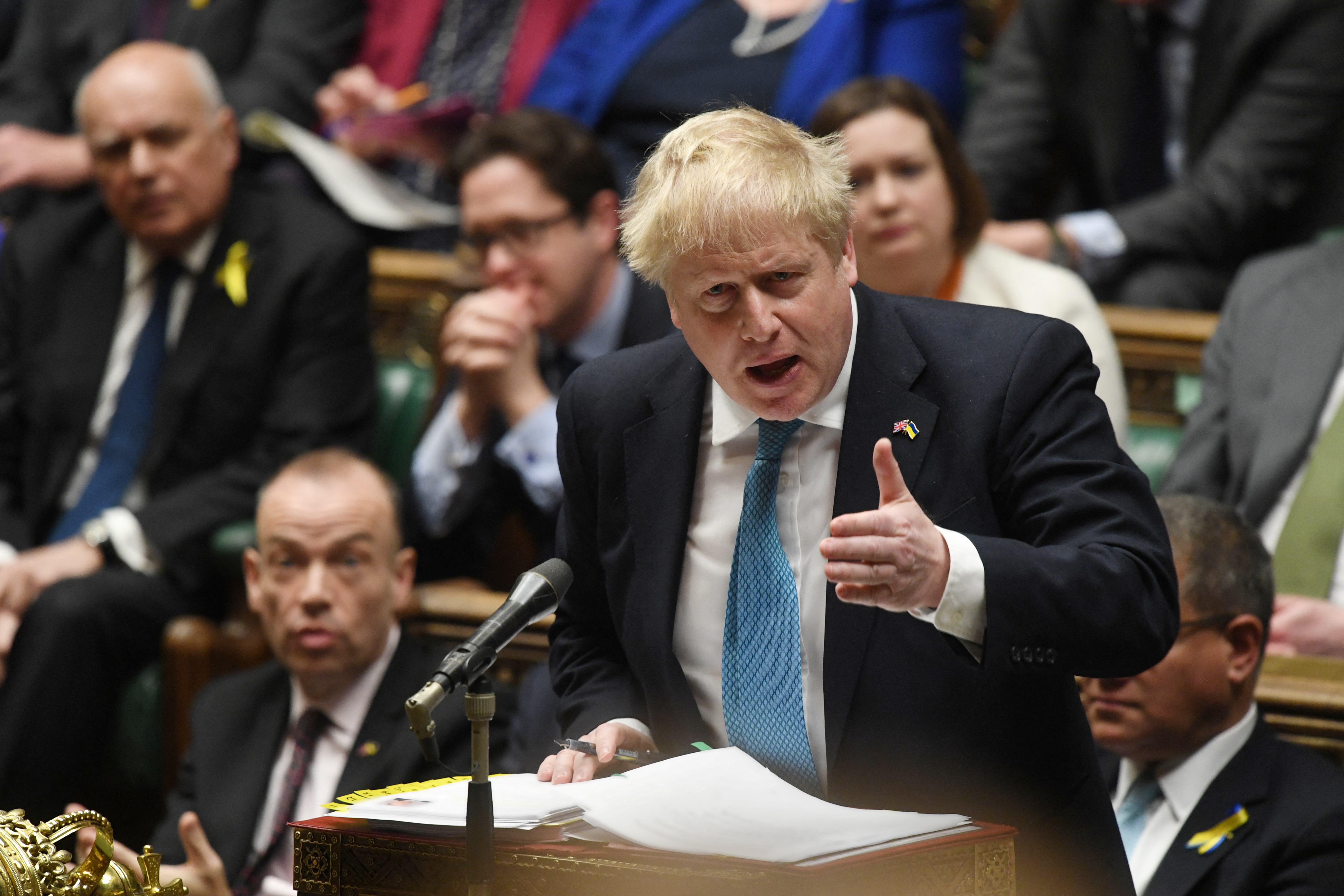British Prime Minister Johnson speaks during a PMQs session at the House of Commons, in London