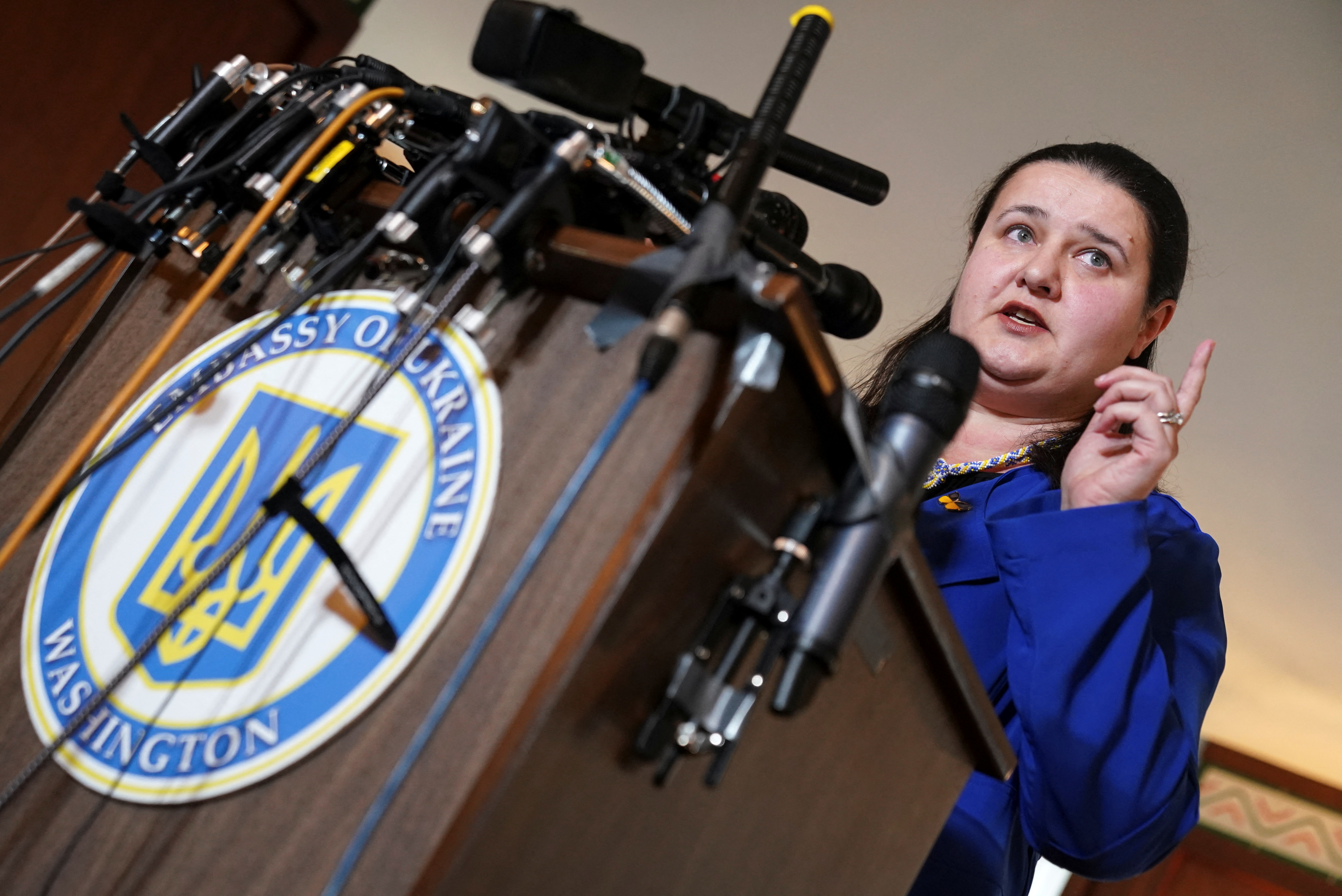 Ukrainian Ambassador to the U.S. Oksana Markarova speaks about Russia's attack on Ukraine, in Washington
