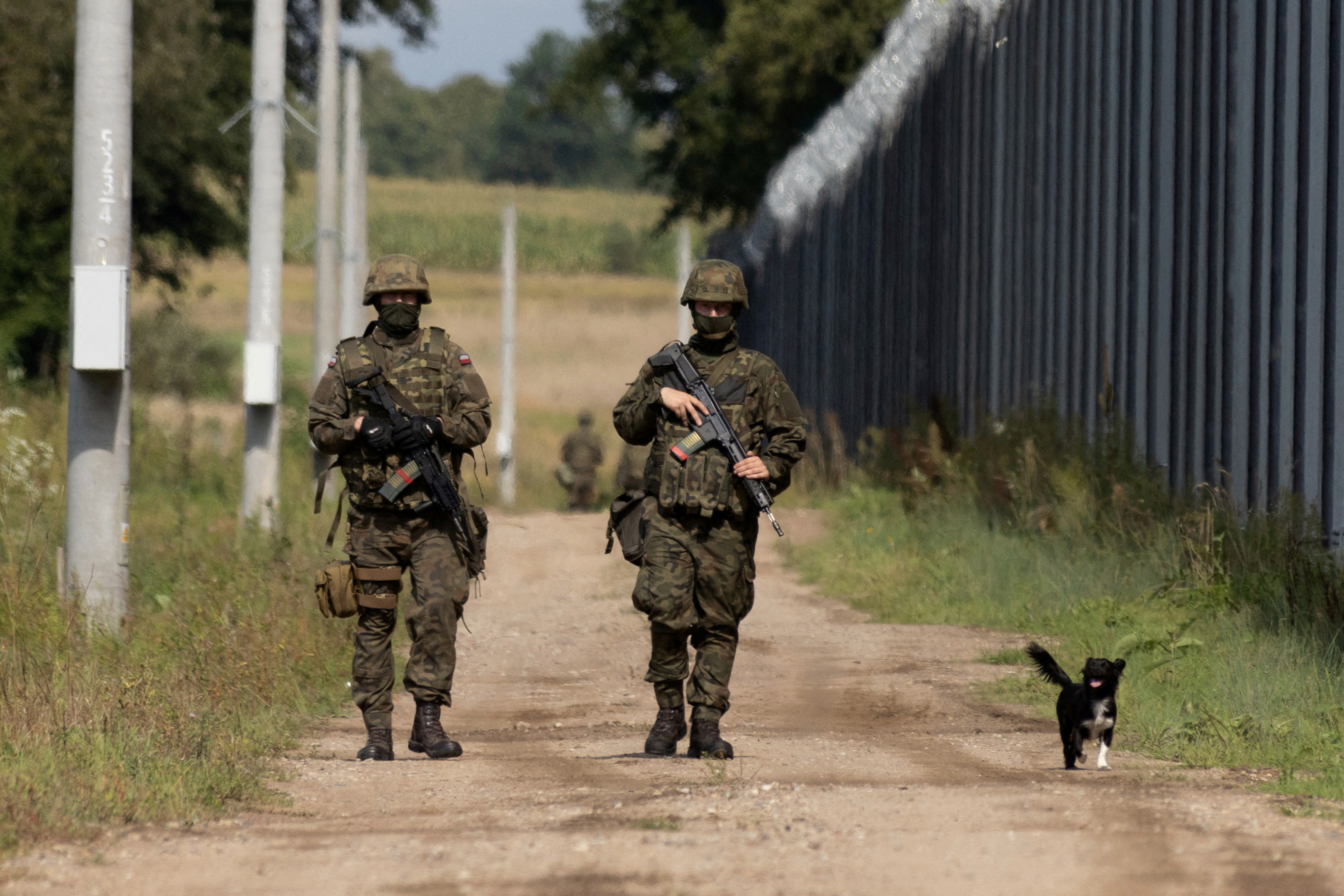 Polish soldiers patrol the Polish-Belarusian border