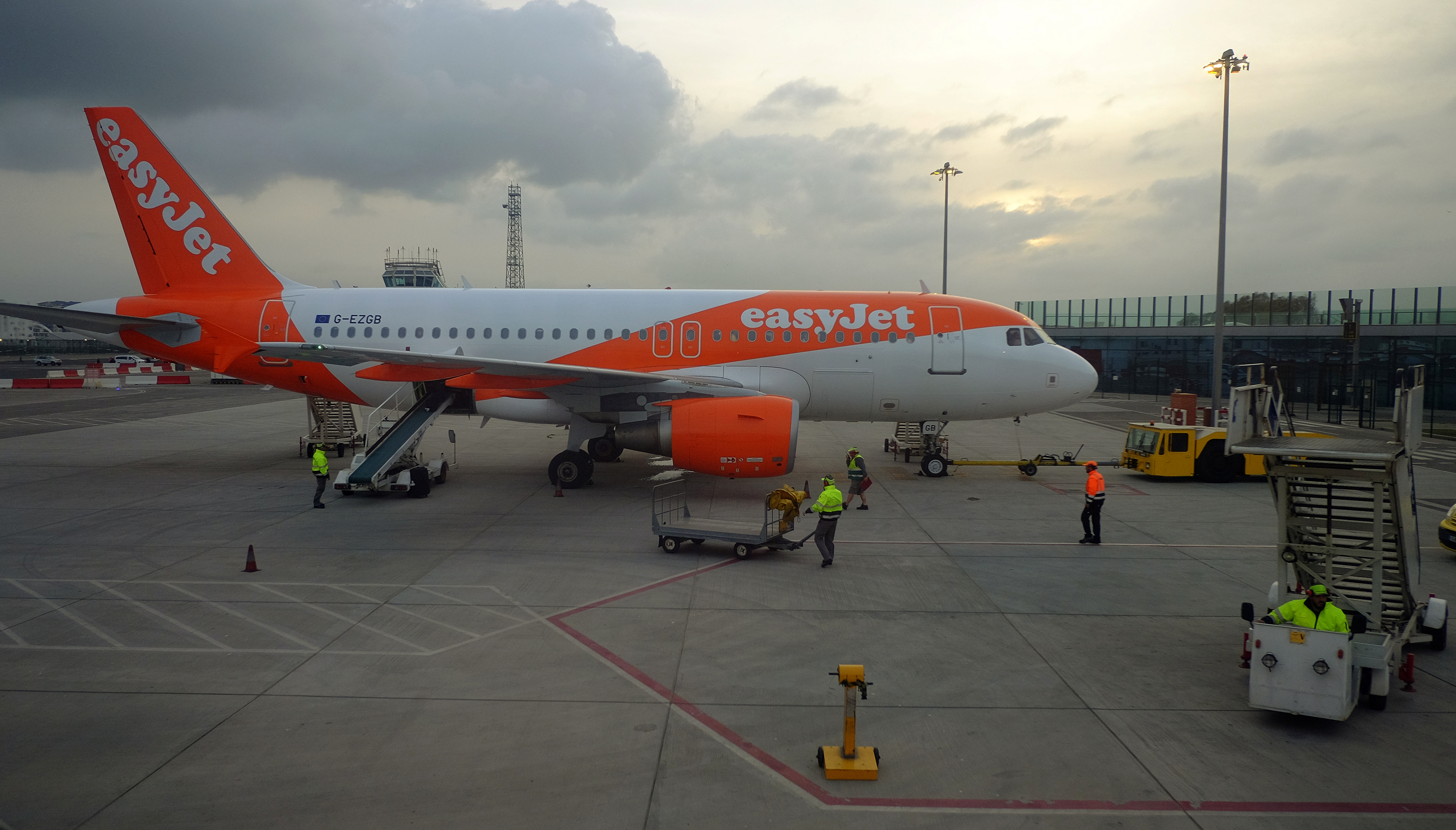 Ground crew tend to an EasyJet flight at Gibraltar airport in the British overseas territory of Gibraltar