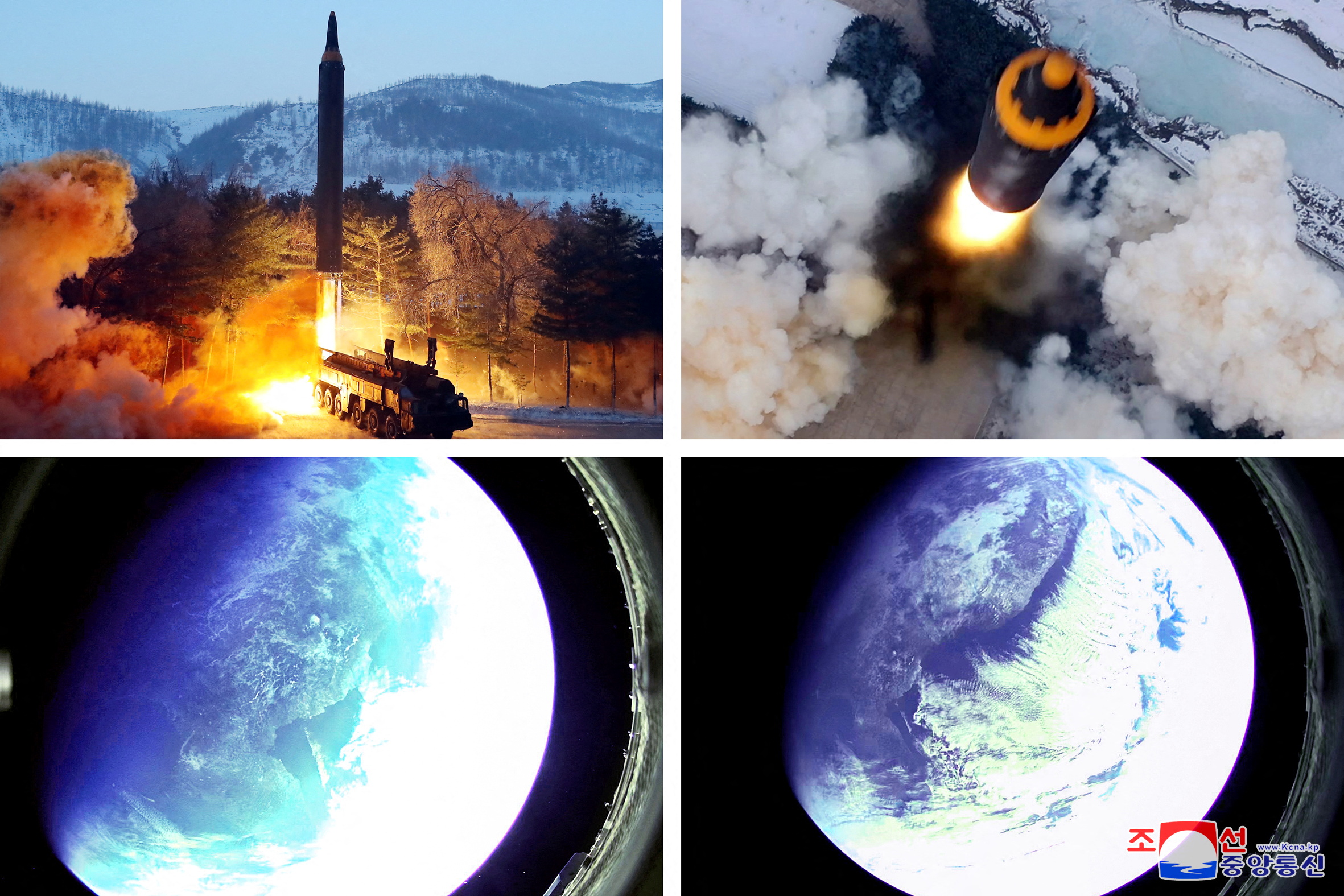 A combination image shows what appears to be a Hwasong-12 "intermediate and long-range ballistic missile" test, that state media KCNA says was carried out on Sunday, along with pictures reportedly taken from outer space with a camera at the warhead of the missile, in this image released on January 31, 2022. KCNA via REUTERS    