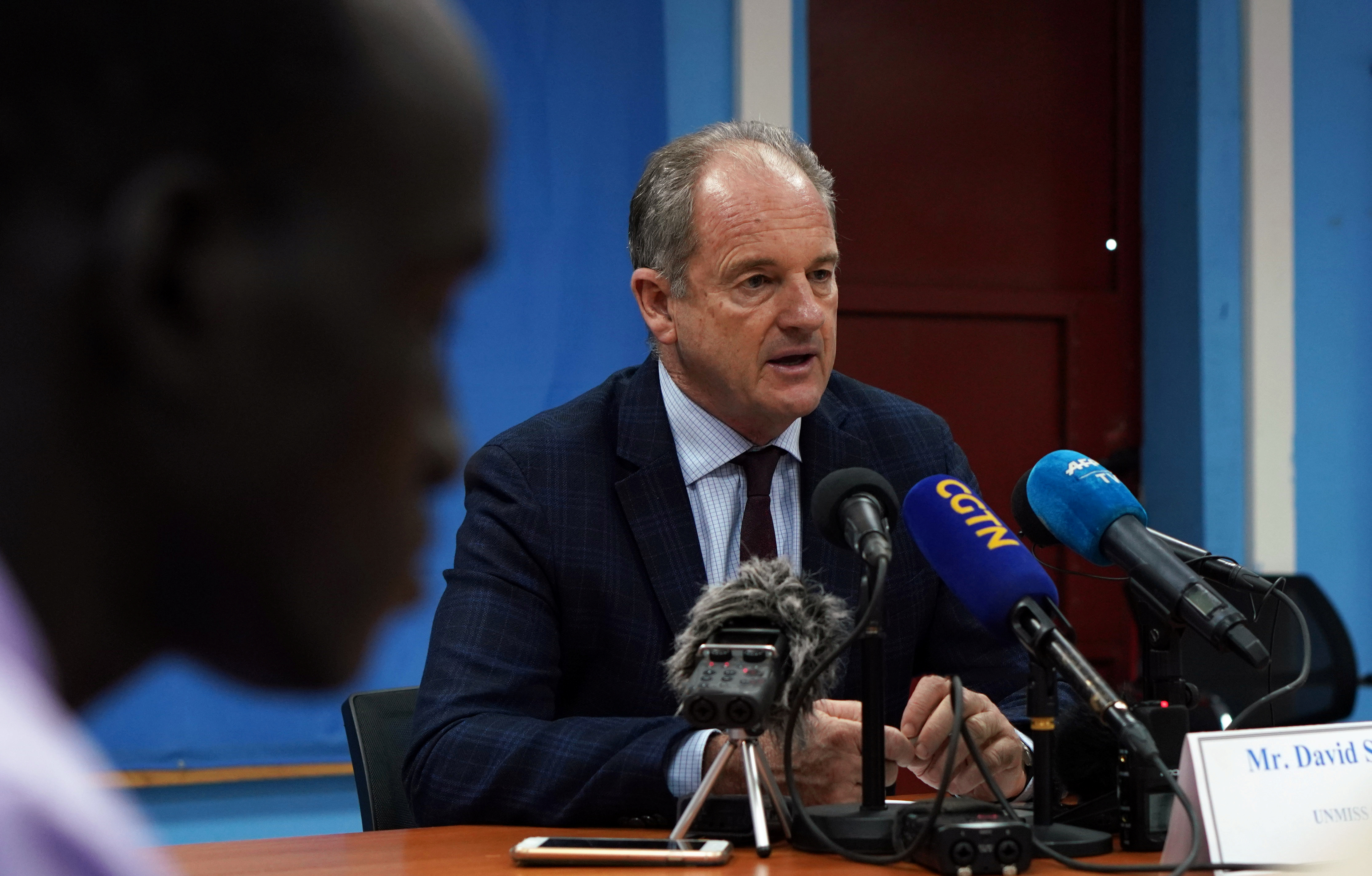 David Shearer, the united nation's head of mission in South Sudan speaks during a news conference in Juba