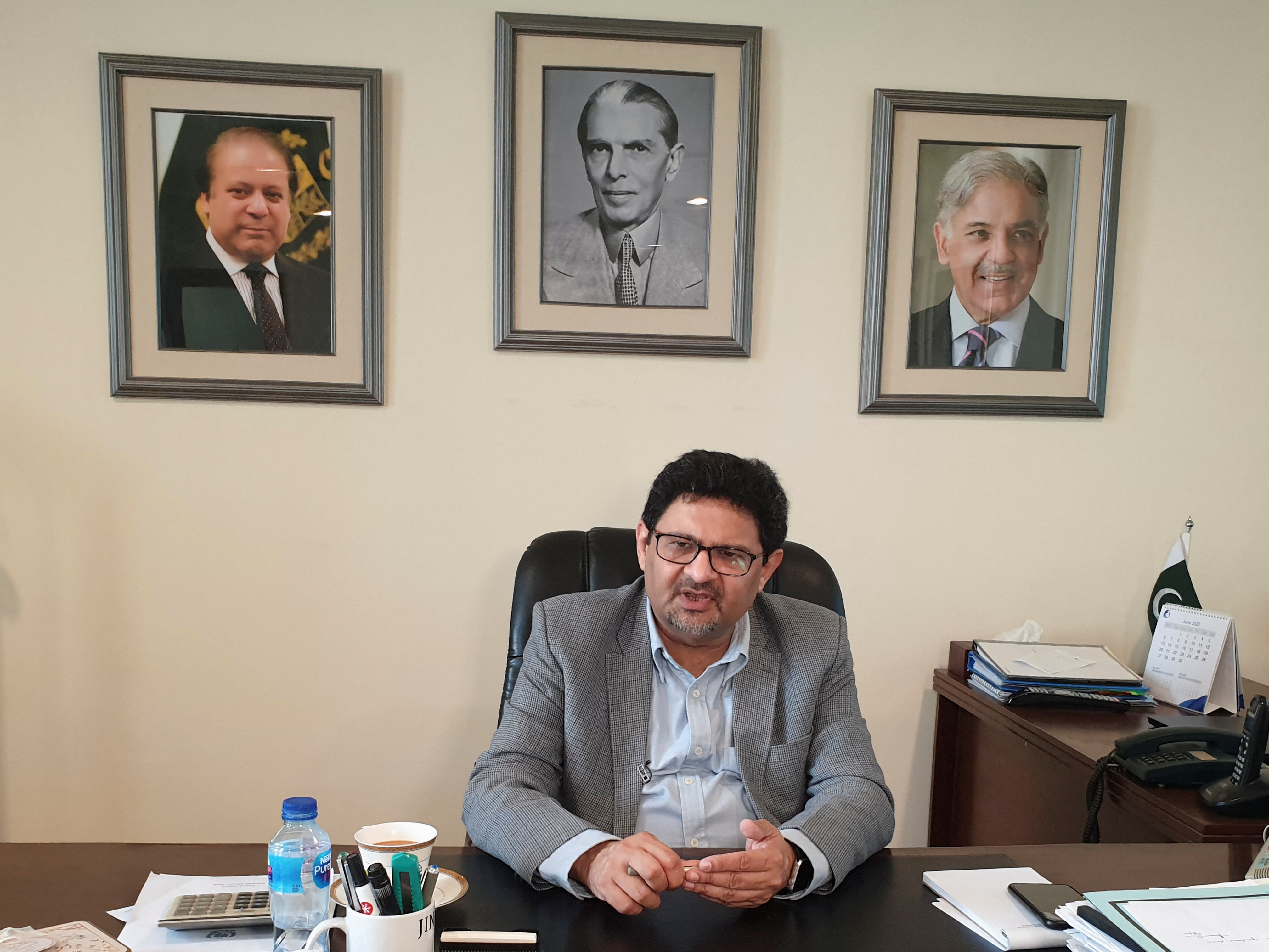 Pakistan's Finance Minister Miftah Ismail speaks during interview with Reuters, in Islamabad