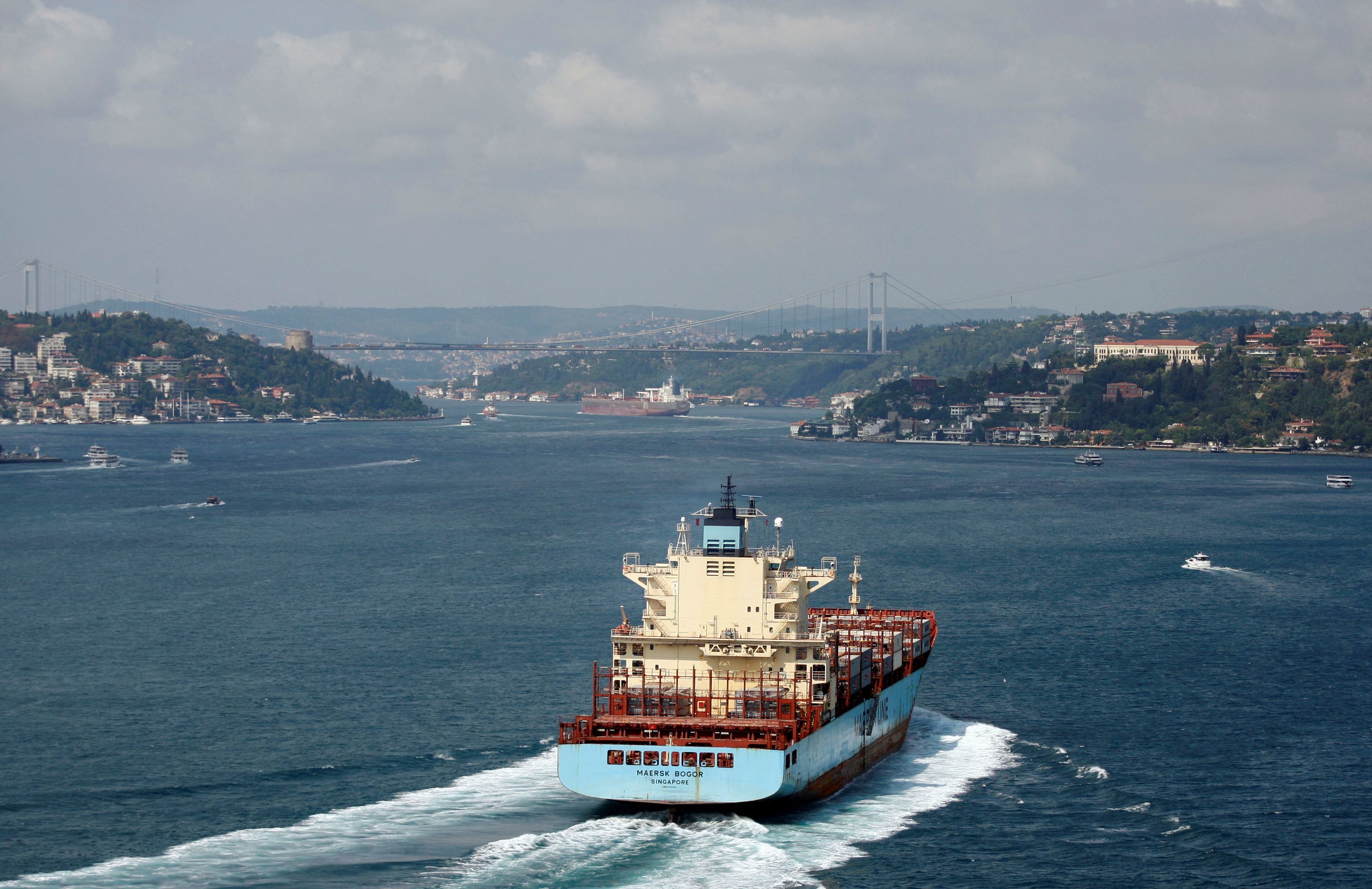 An oil tanker passes through the Bosphorus to the Black Sea in Istanbul