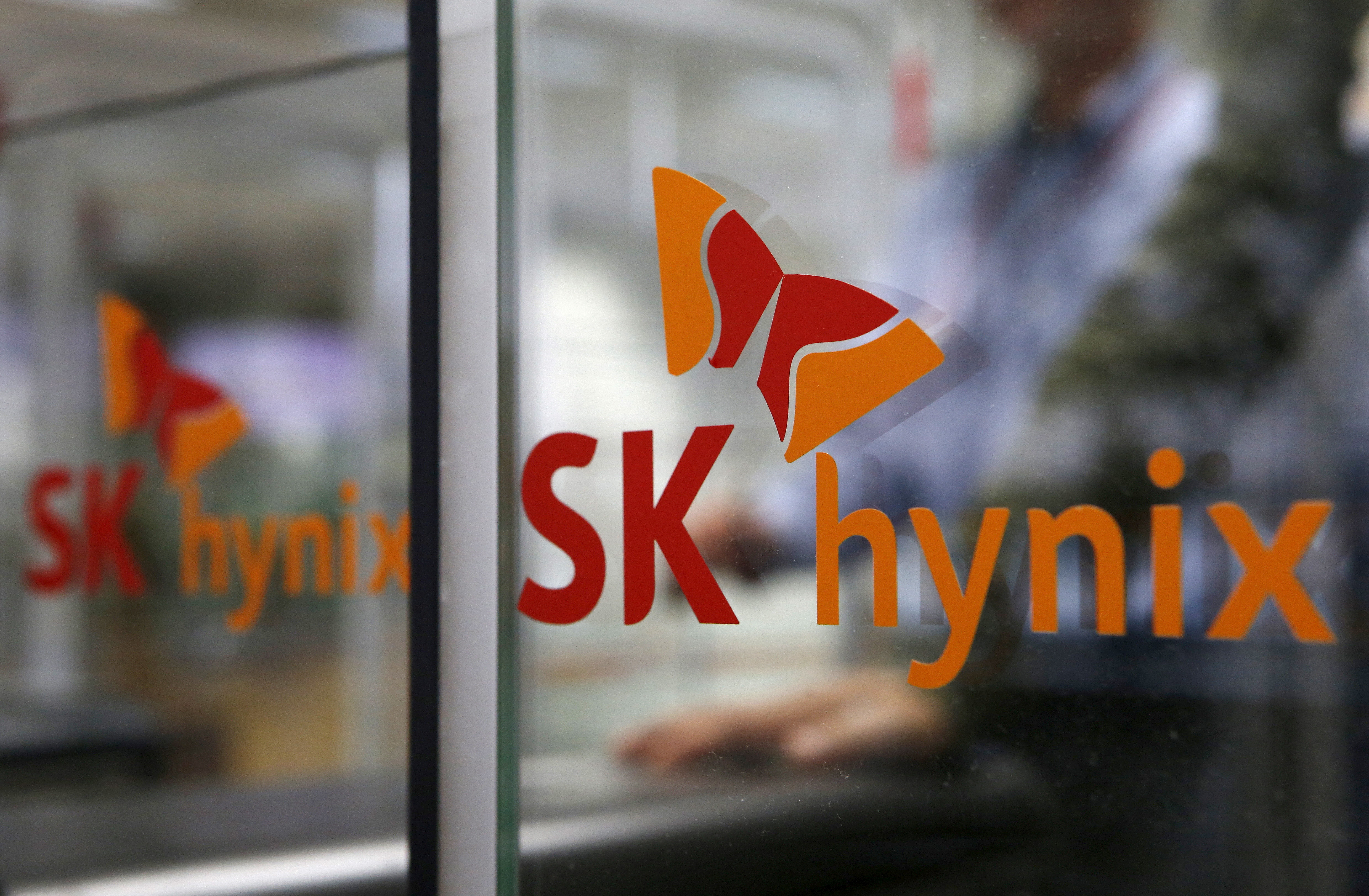 A view of the logo of SK Hynix at its headquarters in Seongnam