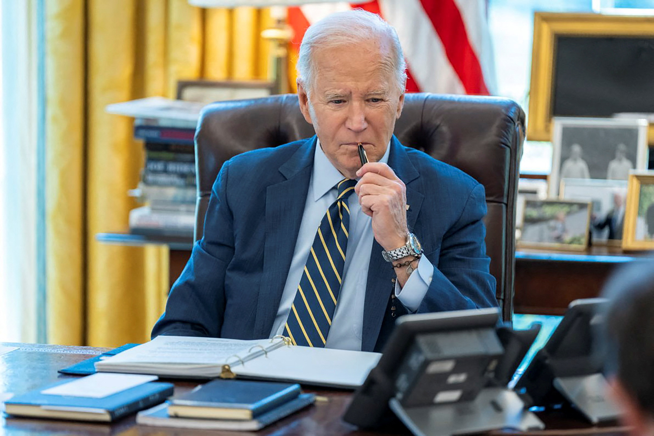 U.S. President Joe Biden speaks by phone with Israeli Prime Minister Benjamin Netanyahu from the White House in Washington