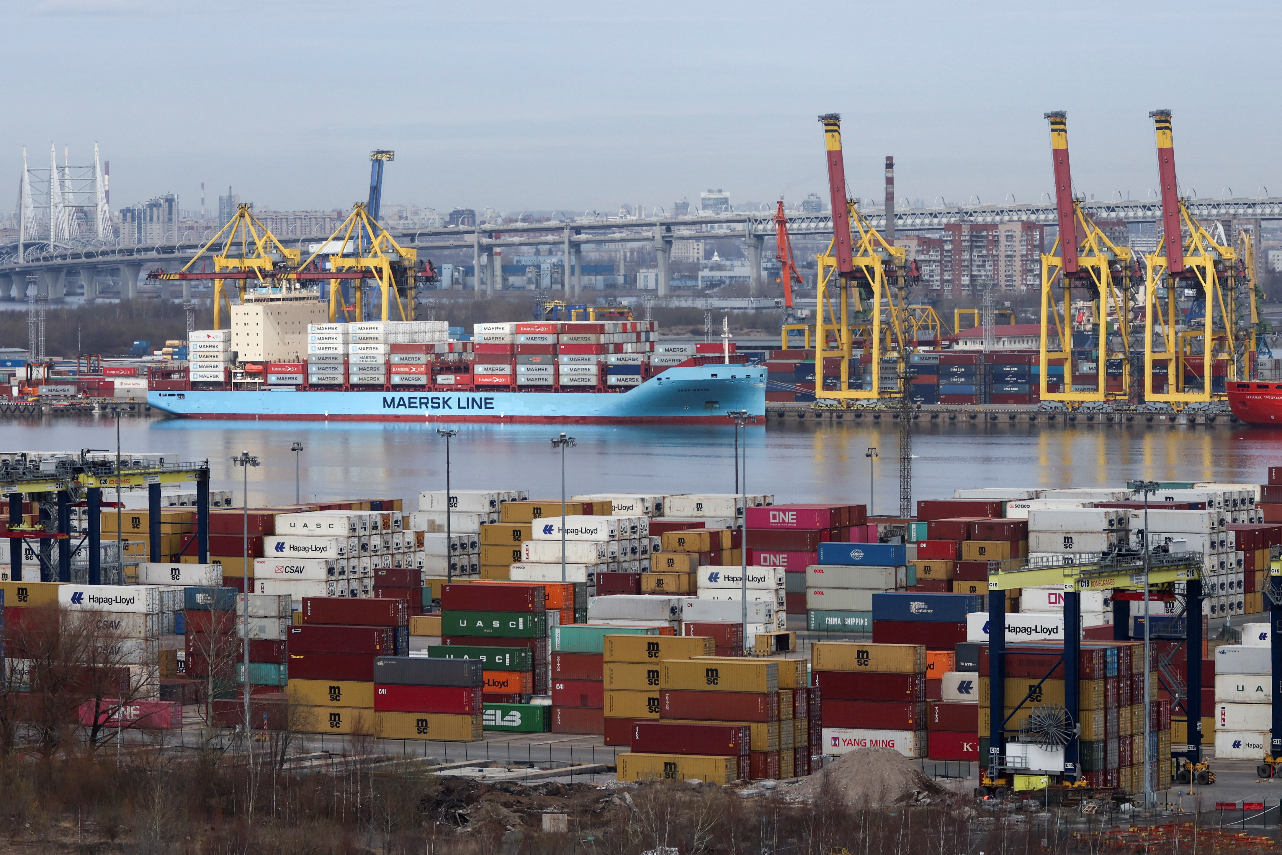 Vaga Maersk container ship is moored in the port of Saint Petersburg