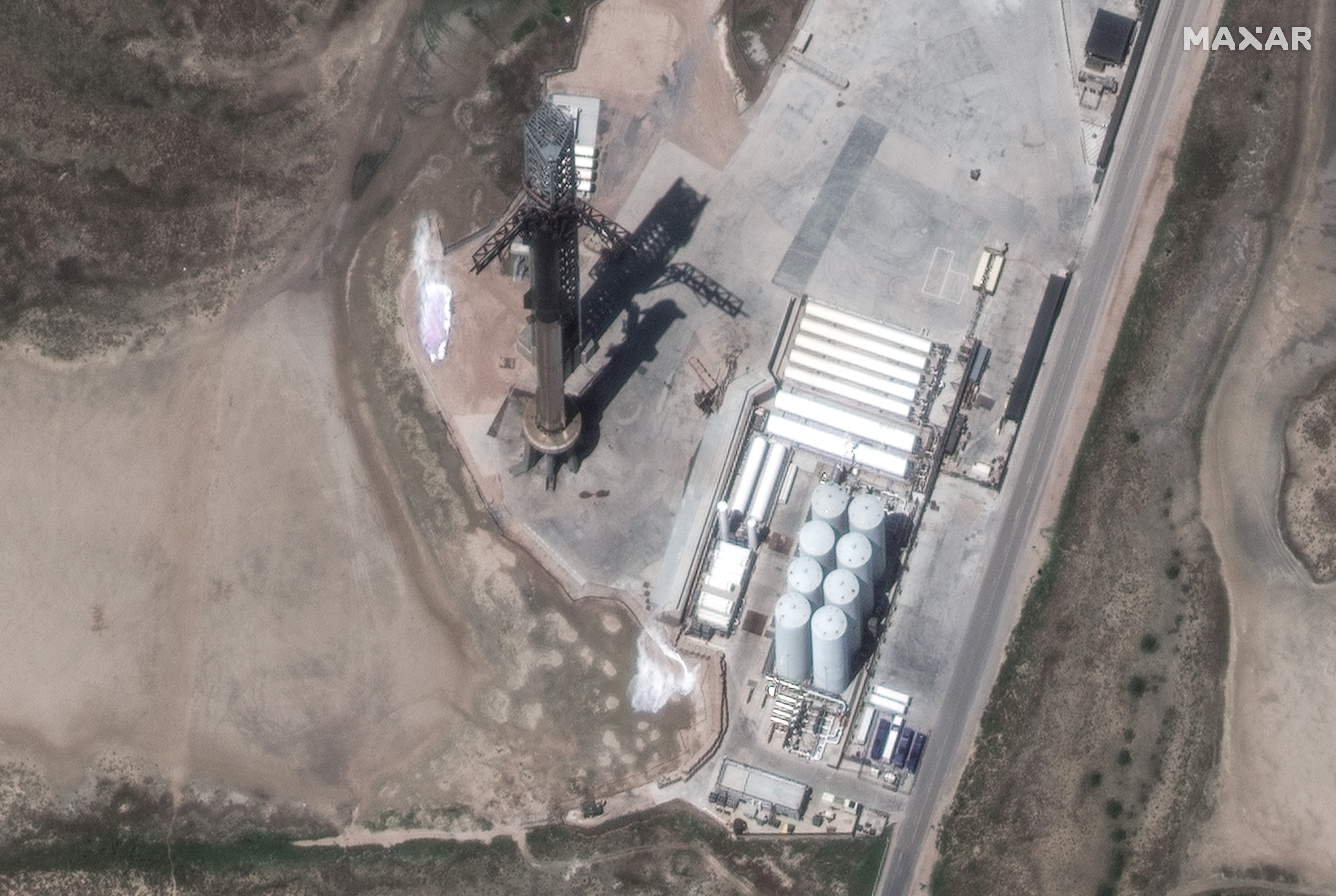 A satellite image shows SpaceX Starship rocket on its launch pad, in Boca Chica, Texas