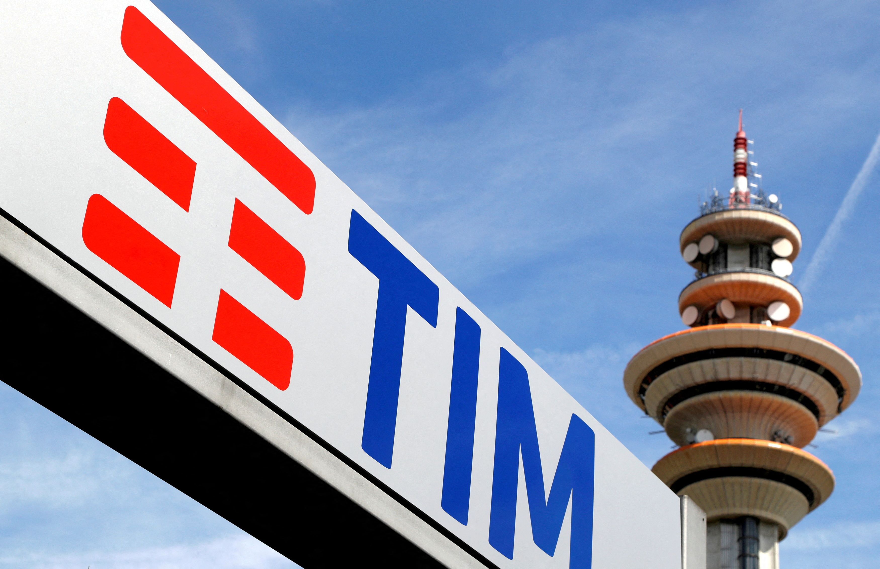 FILE PHOTO: FILE PHOTO: Telecom Italia new logo is seen at the headquarter in Rozzano neighbourhood of Milan