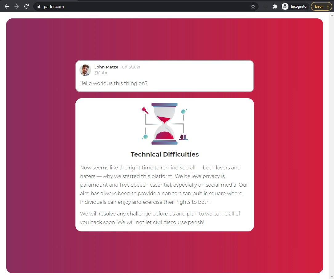A screengrab of Parler.com website and Parler CEO John Matze's message on January 16, 2021, reading 