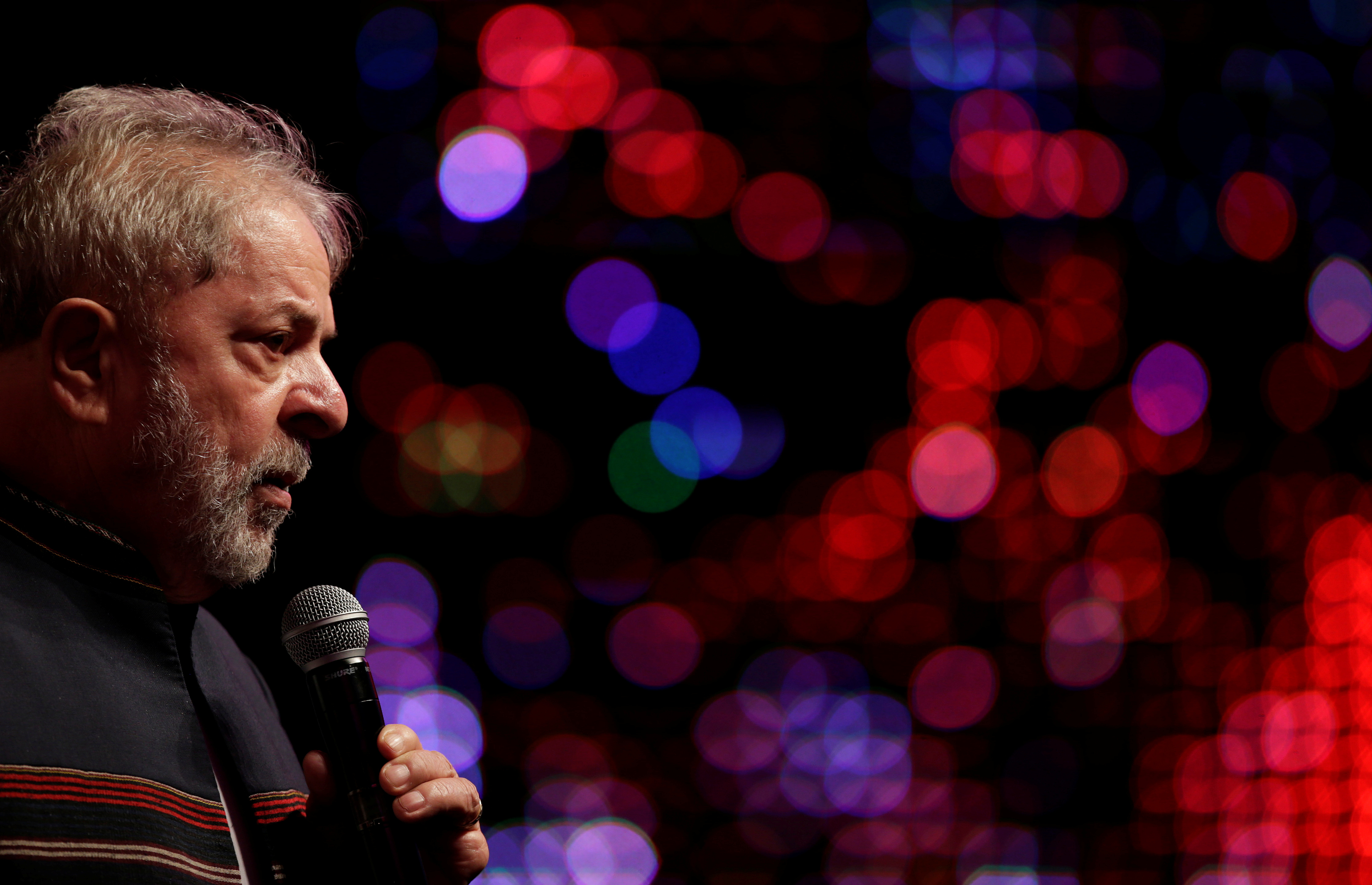 Brazil's former President Luis Inacio Lula da Silva talks during an event in support of his candidacy for president in Rio de Janeiro