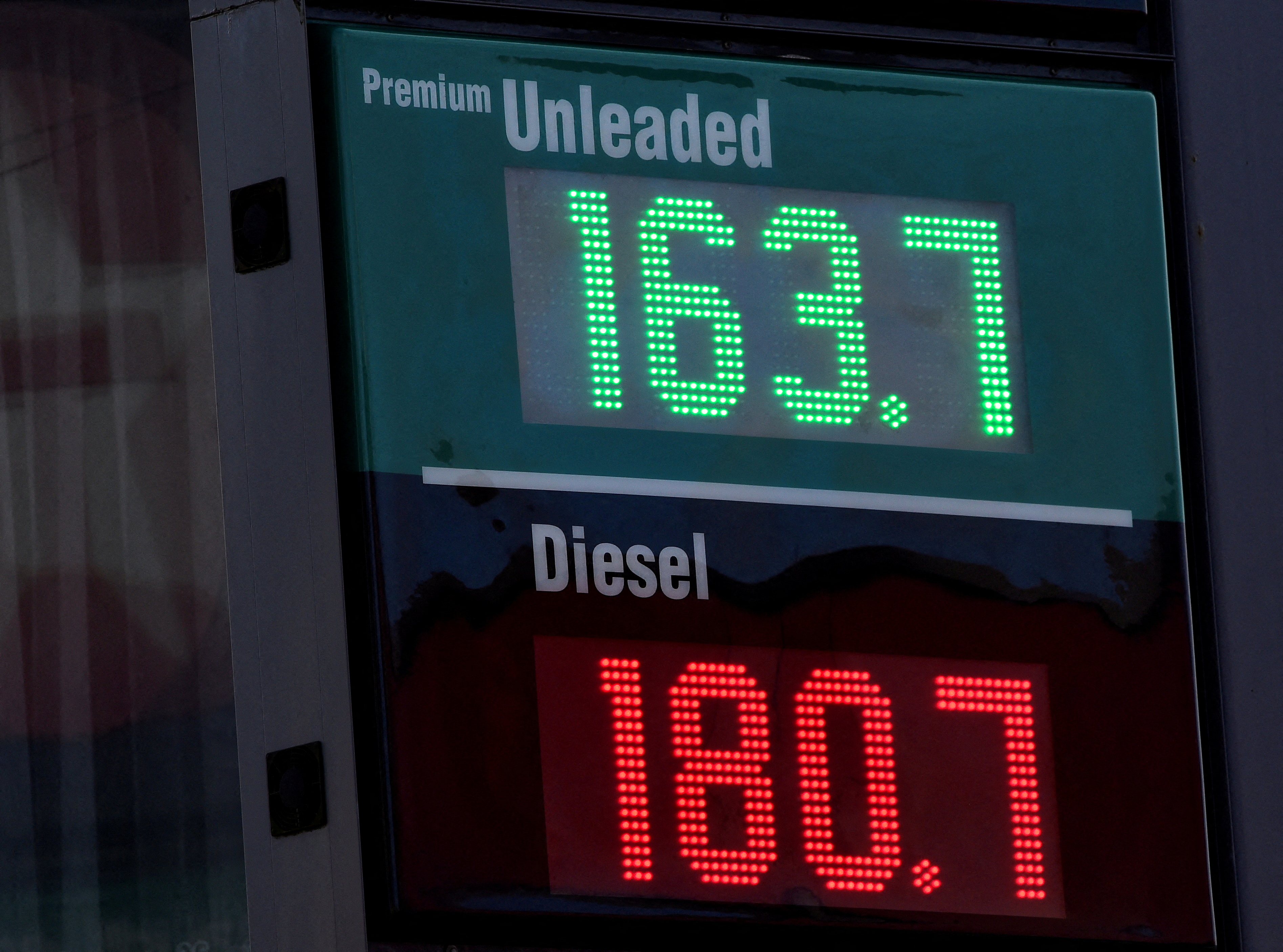 Petrol station sign displays a price for a litre of diesel in Milford Haven