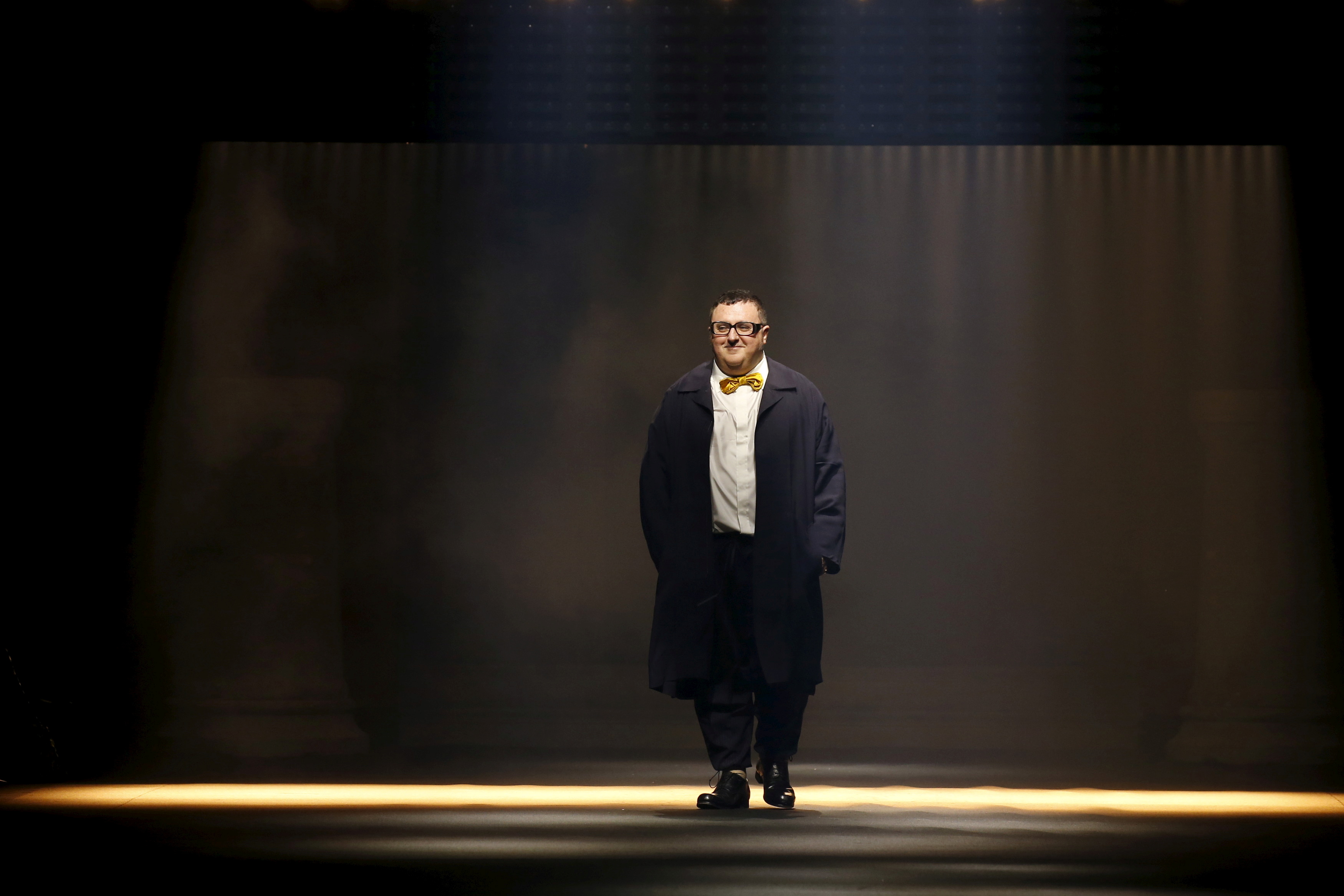 Israeli-American designer Alber Elbaz appears at the end of his Spring/Summer 2016 women's ready-to-wear fashion show for Lanvin in Paris