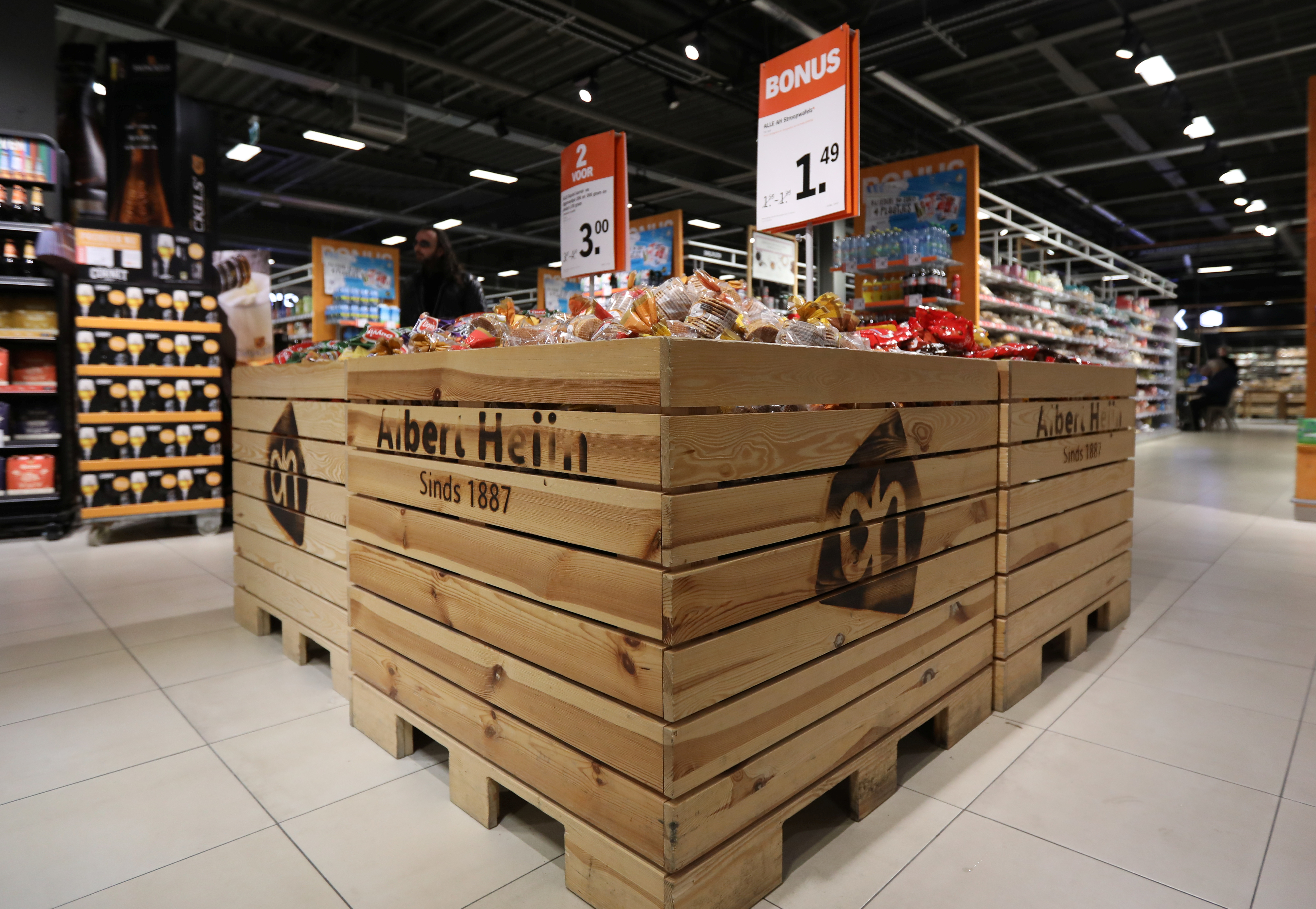 Logo of Albert Heijn is seen inside a shop operated by Ahold Delhaize, the Dutch-Belgian supermarket operator, in Eindhoven