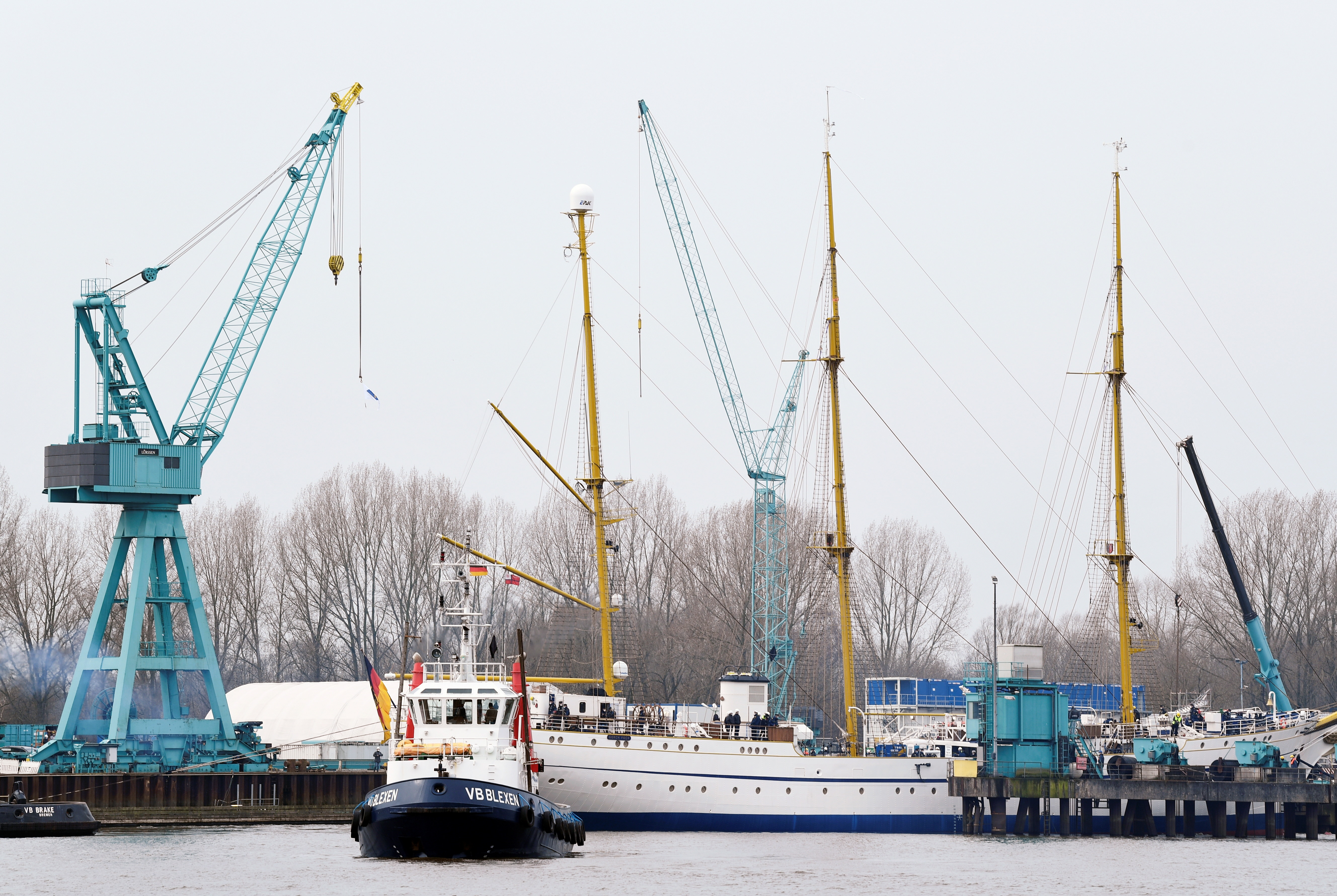German sailing training ship 'Gorch Fock' of the Deutsche Marine leaves Lurssen shipyard in Bremen
