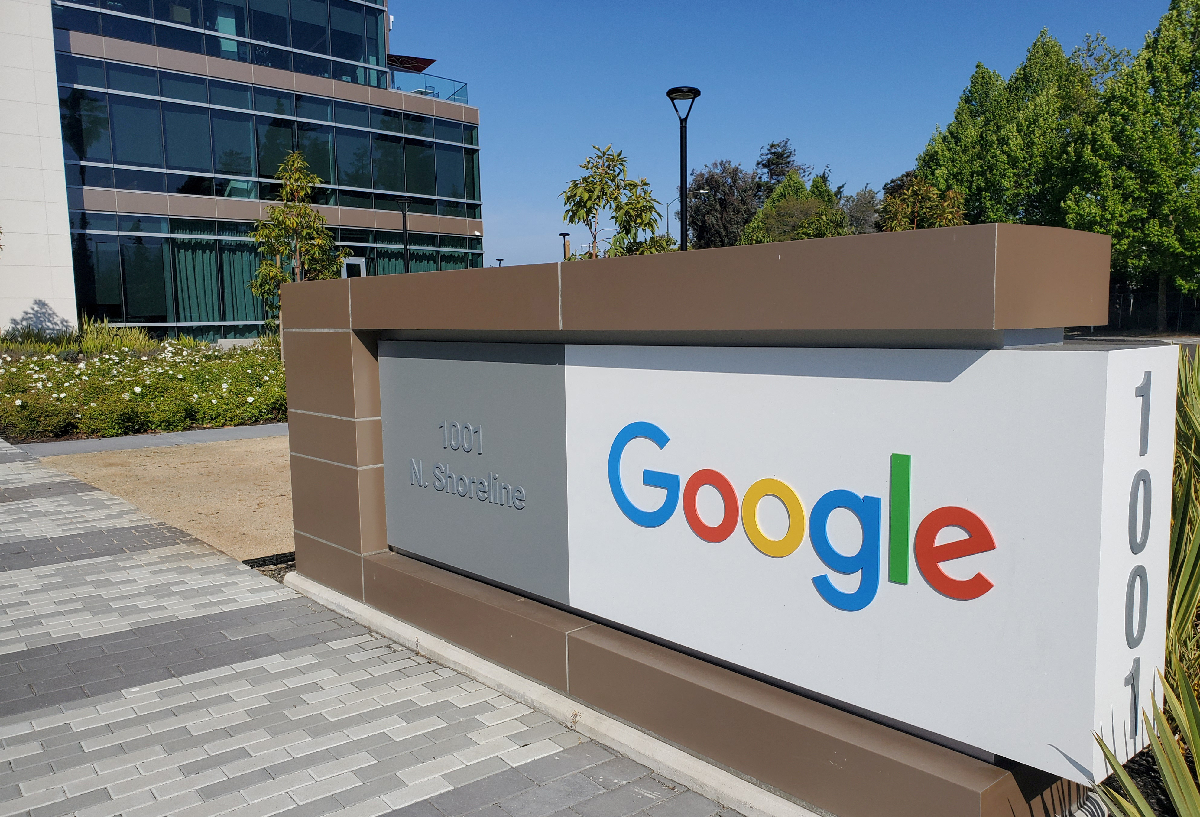 An illustrated sign outside a Google office near the company's headquarters in Mountain View, California