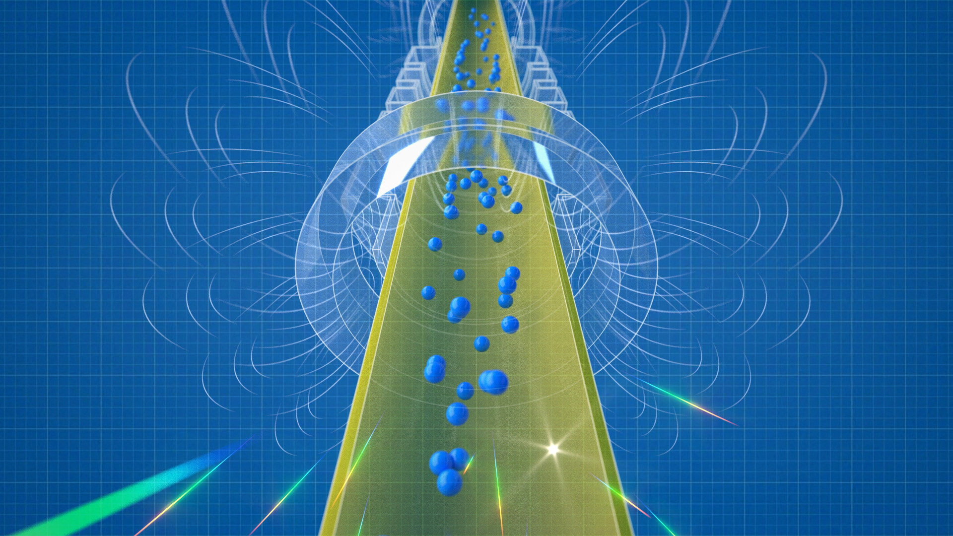 An artist's conceptual rendering of antihydrogen atoms falling out the bottom of the magnetic trap of the ALPHA-g apparatus