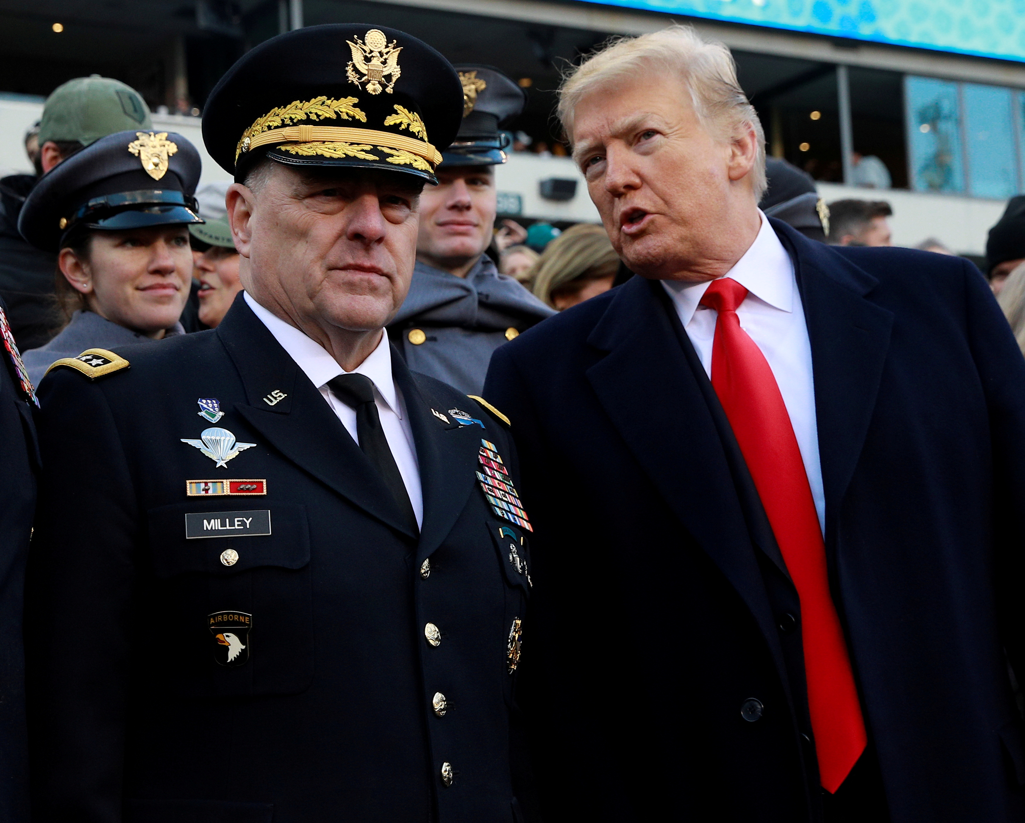 U.S. President Trump and Gen. Mark Milley, Chief of Staff of the United States Army speak at the 119th U.S. Army-Navy football game in Philadelphia