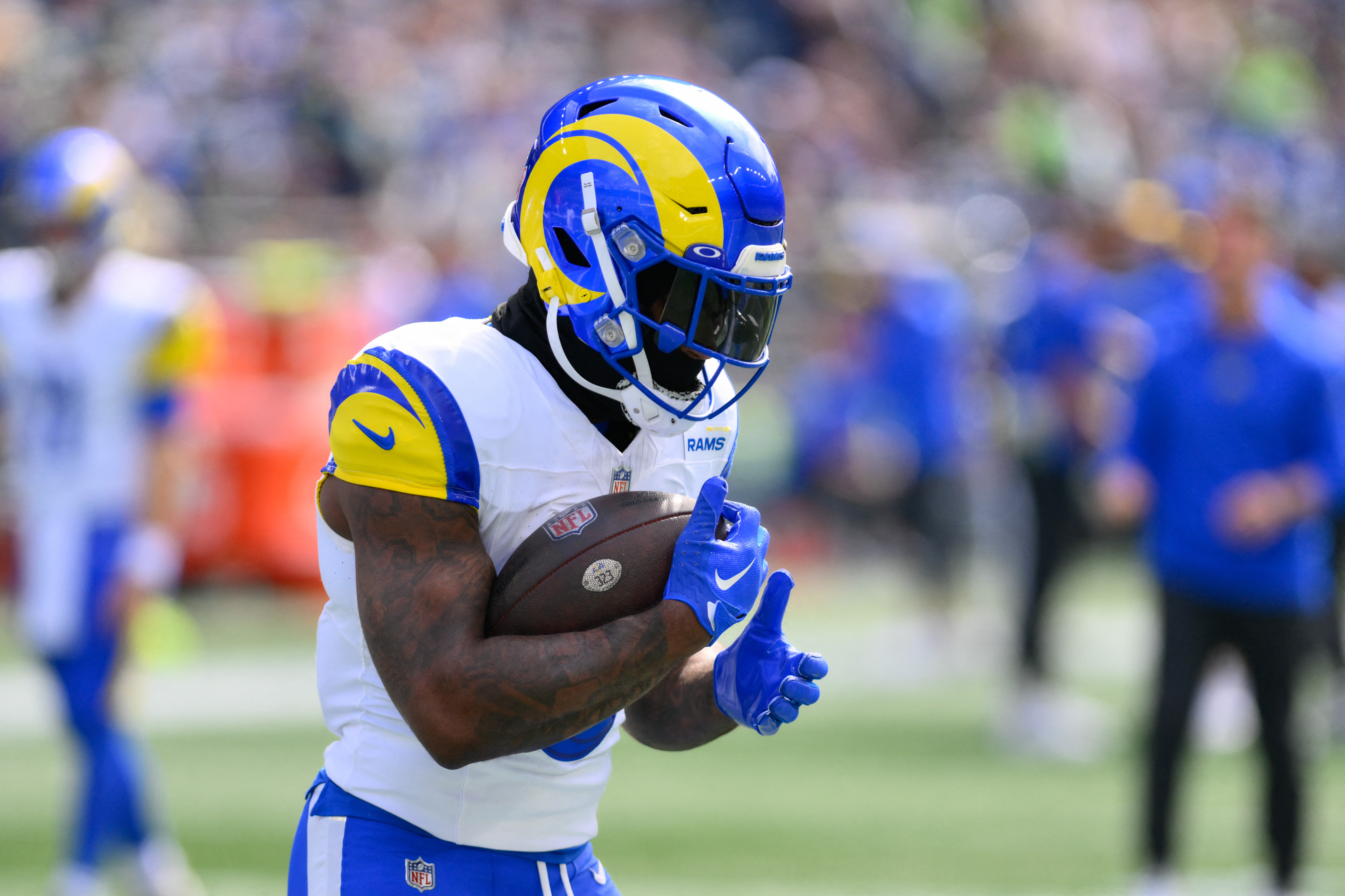 Los Angeles Rams running back Kyren Williams celebrates after scoring  against the Seattle Seahawks during the second half of an NFL football game  Sunday, Sept. 10, 2023, in Seattle. (AP Photo/Stephen Brashear