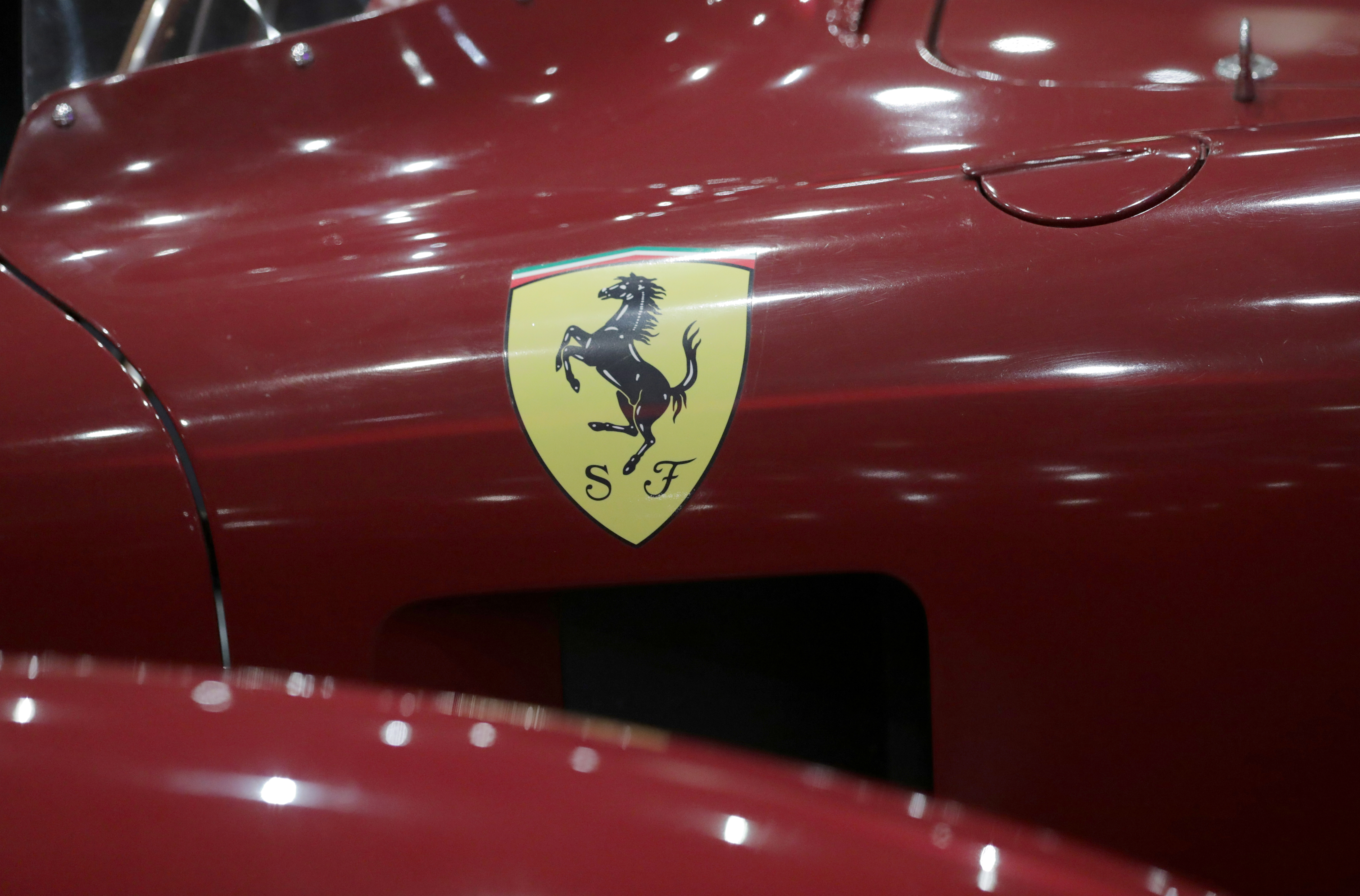 The logo of sports car manufacturer Ferrari is pictured during the inauguration of Ferrari exhibition in Monaco