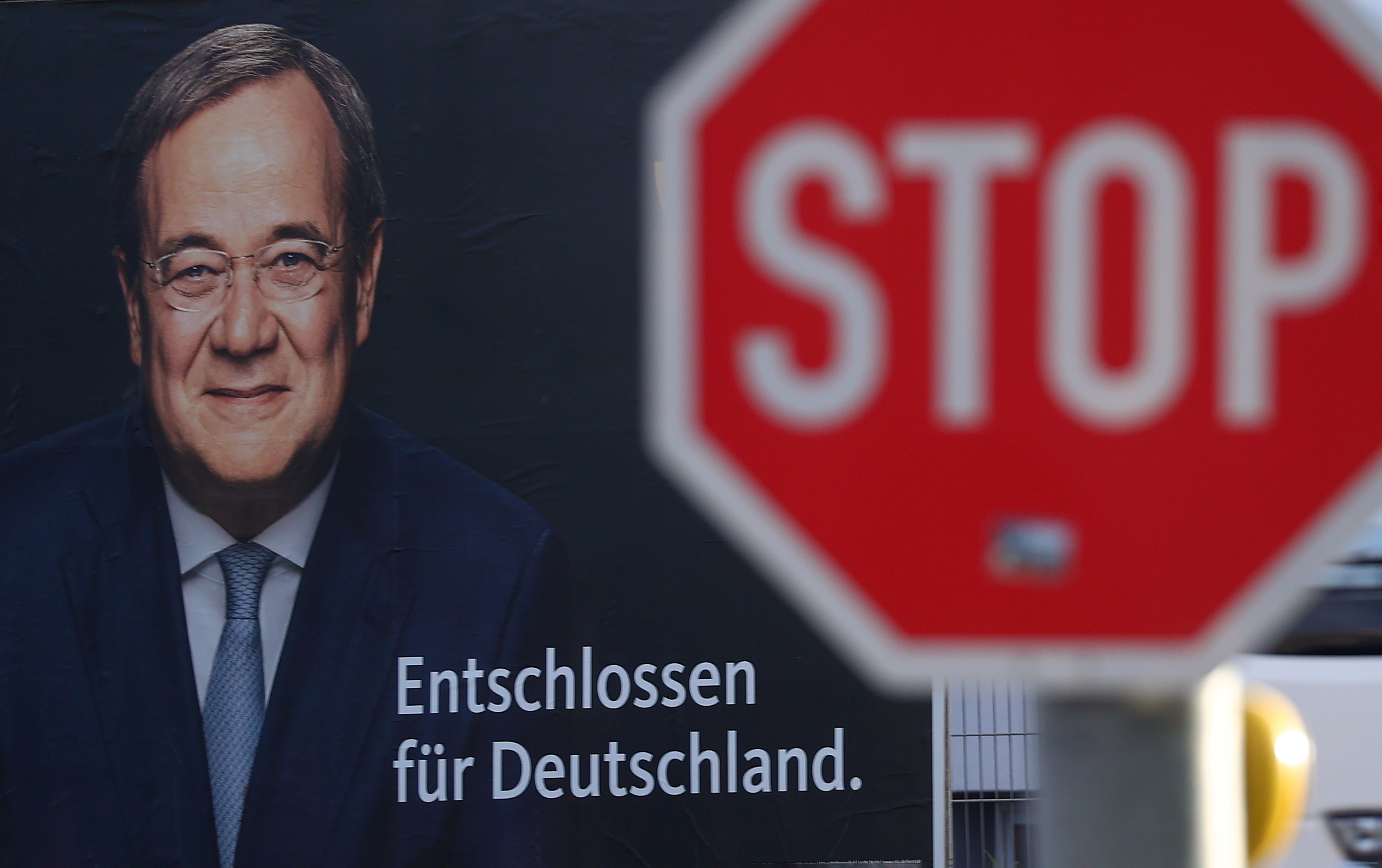 CDU leader Armin Laschet is pictured on an election campaign placard in Heusenstamm