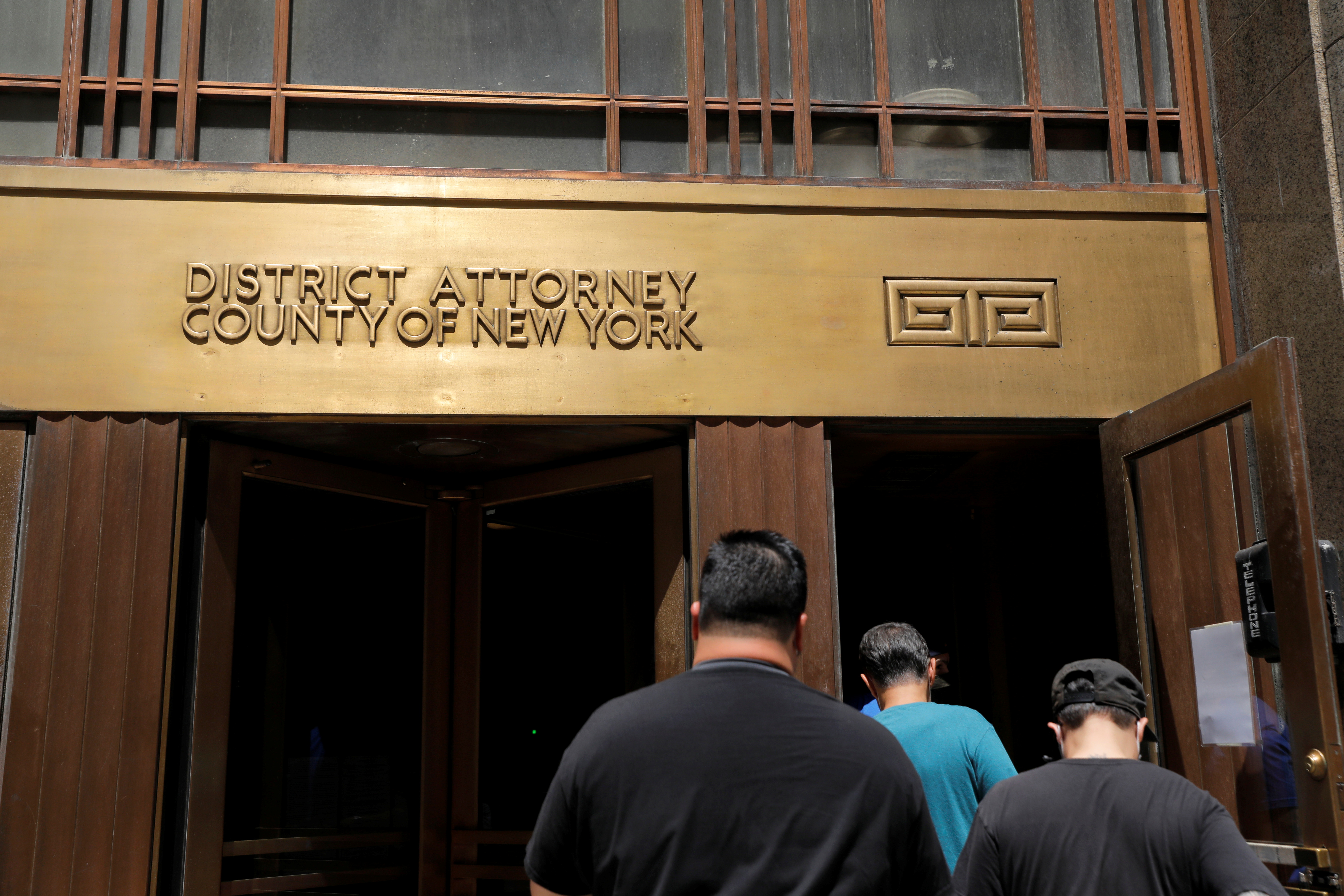 The entrance to the The New York County District Attorney's office at 1 Hogan Place is seen in Manhattan in New York City, New York