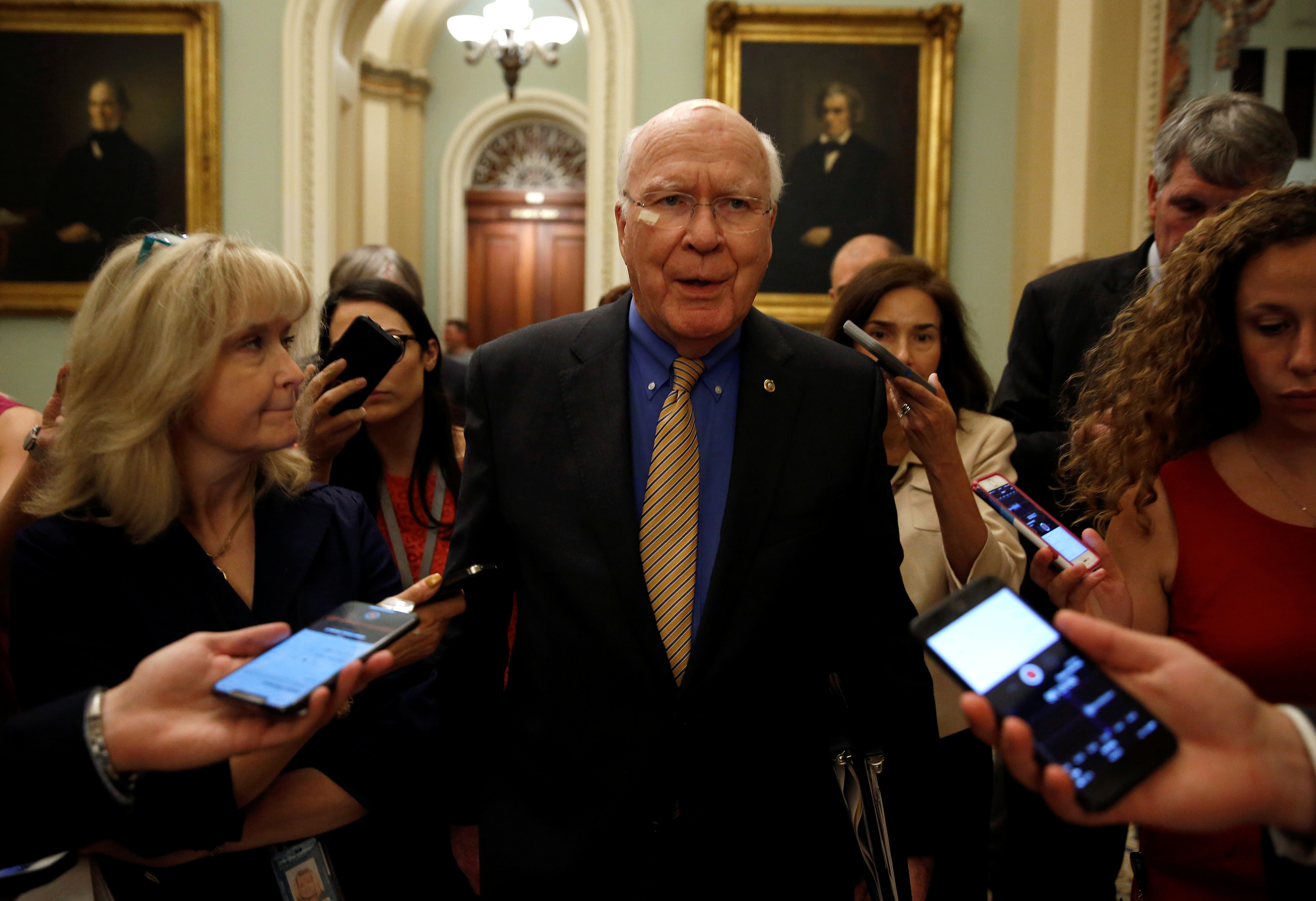 Vermont Senator Leahy speaks to reporters on Capitol Hill in Washington